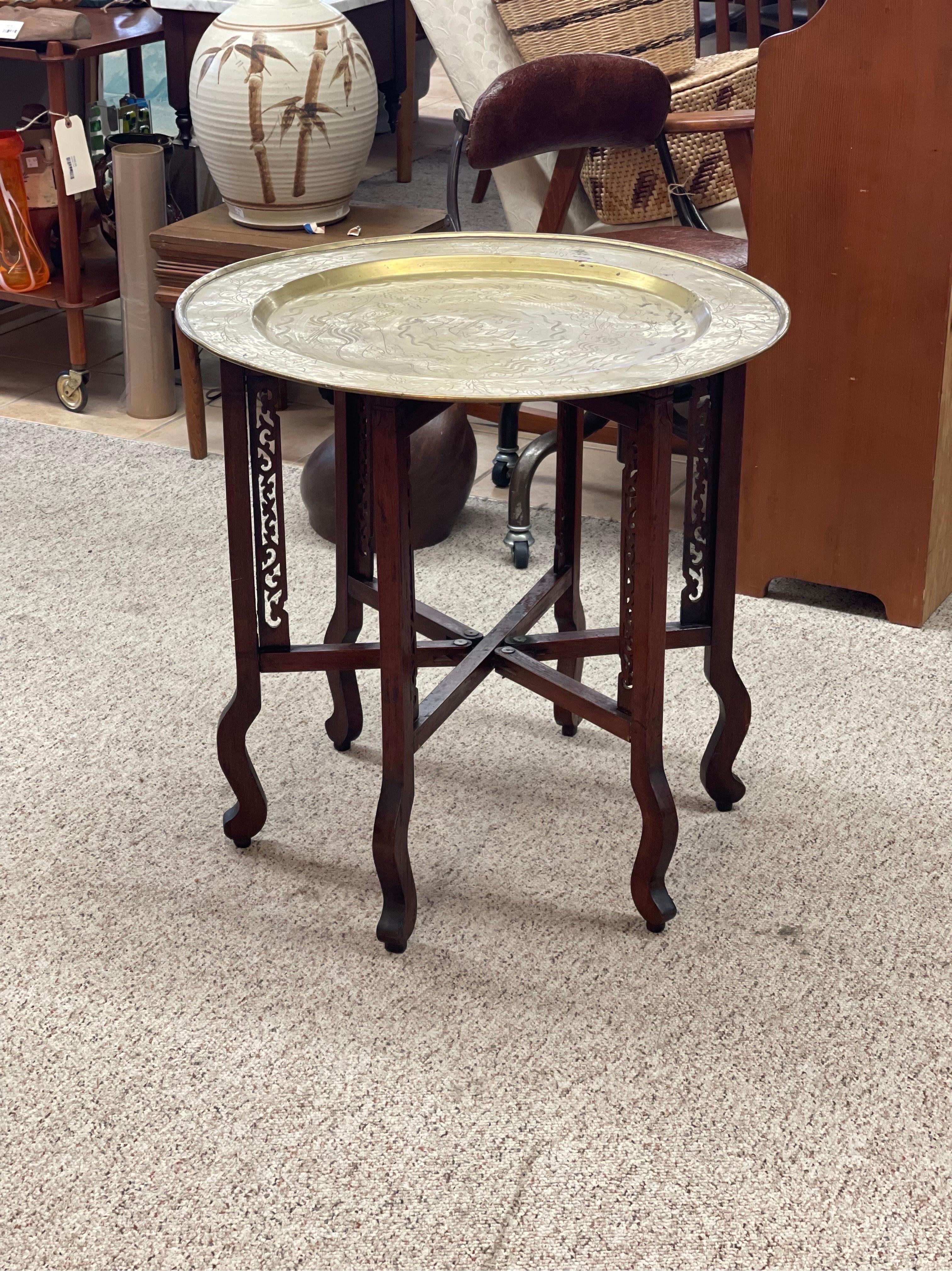 Accent Table with Brass Tray.

Dimensions. 25 W ; 25 D ; 24 1/2 H.