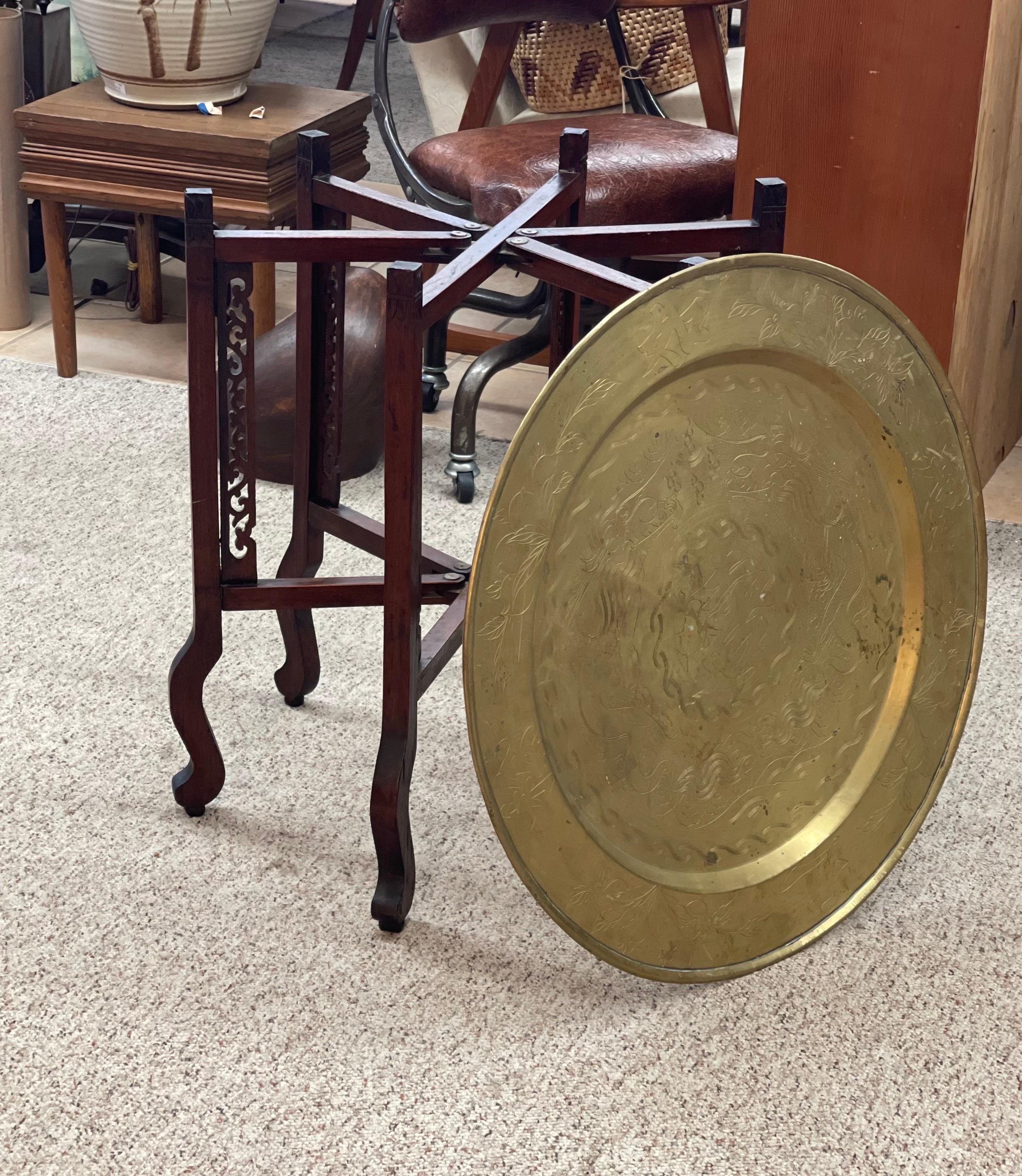 Wood Accent Table with Brass Tray For Sale
