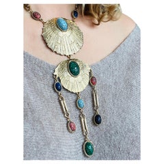 Vintage Accessocraft Huge Statement Gold Scarab Cabochon Egyptian Medallion Necklace