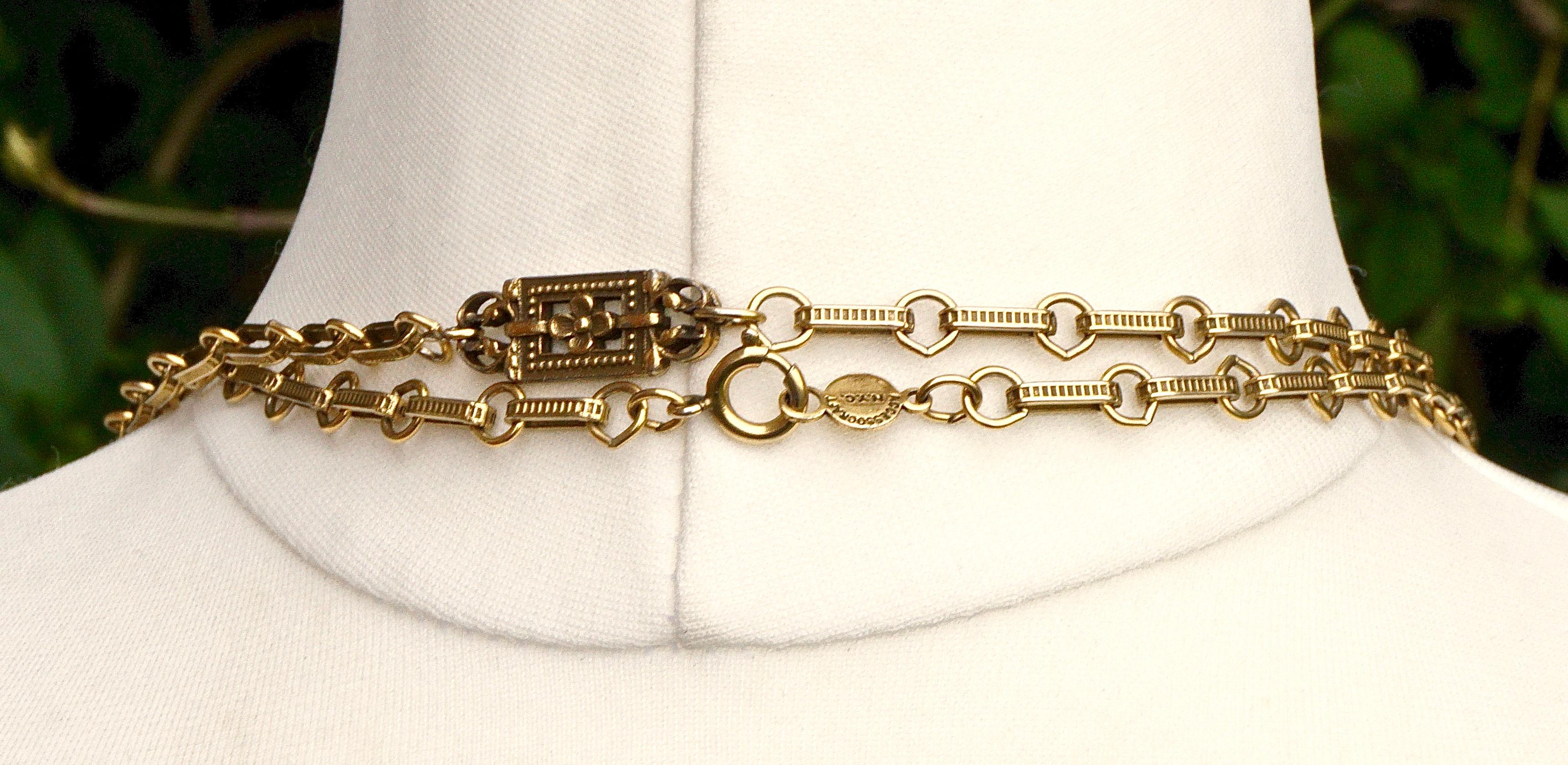 Accessocraft NYC Long Antiqued Gold Tone Flower Link Chain Necklace circa 1970s 3