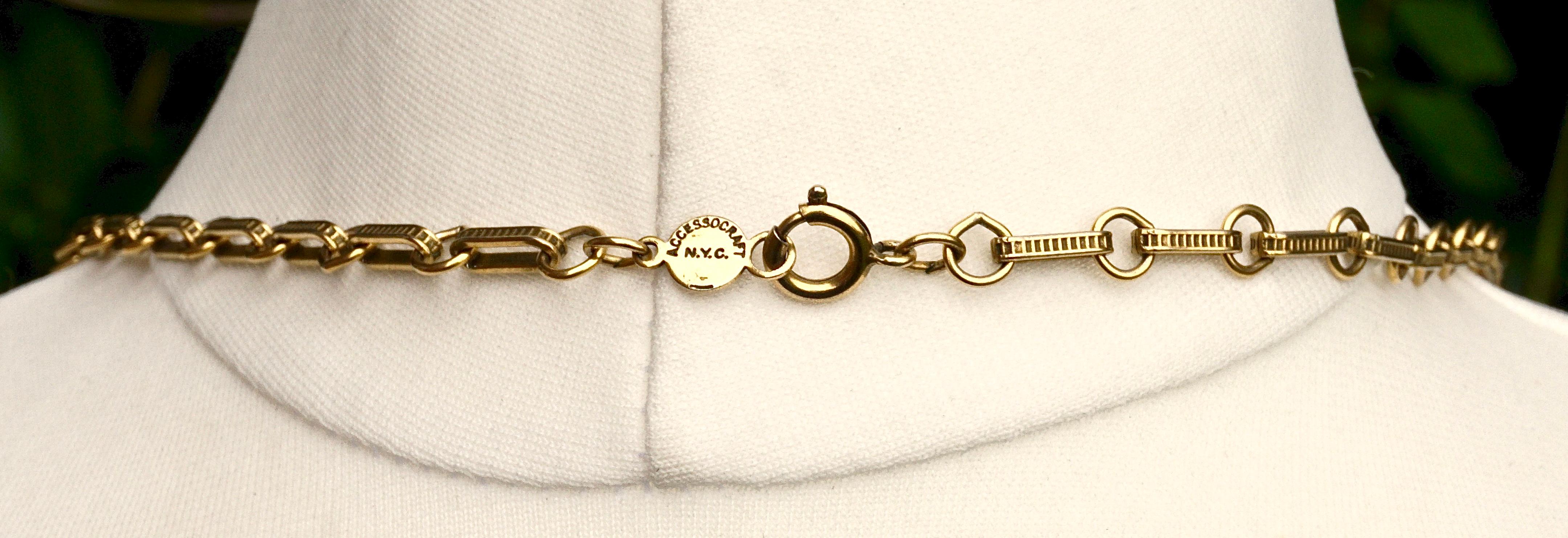 Women's or Men's Accessocraft NYC Long Antiqued Gold Tone Flower Link Chain Necklace circa 1970s