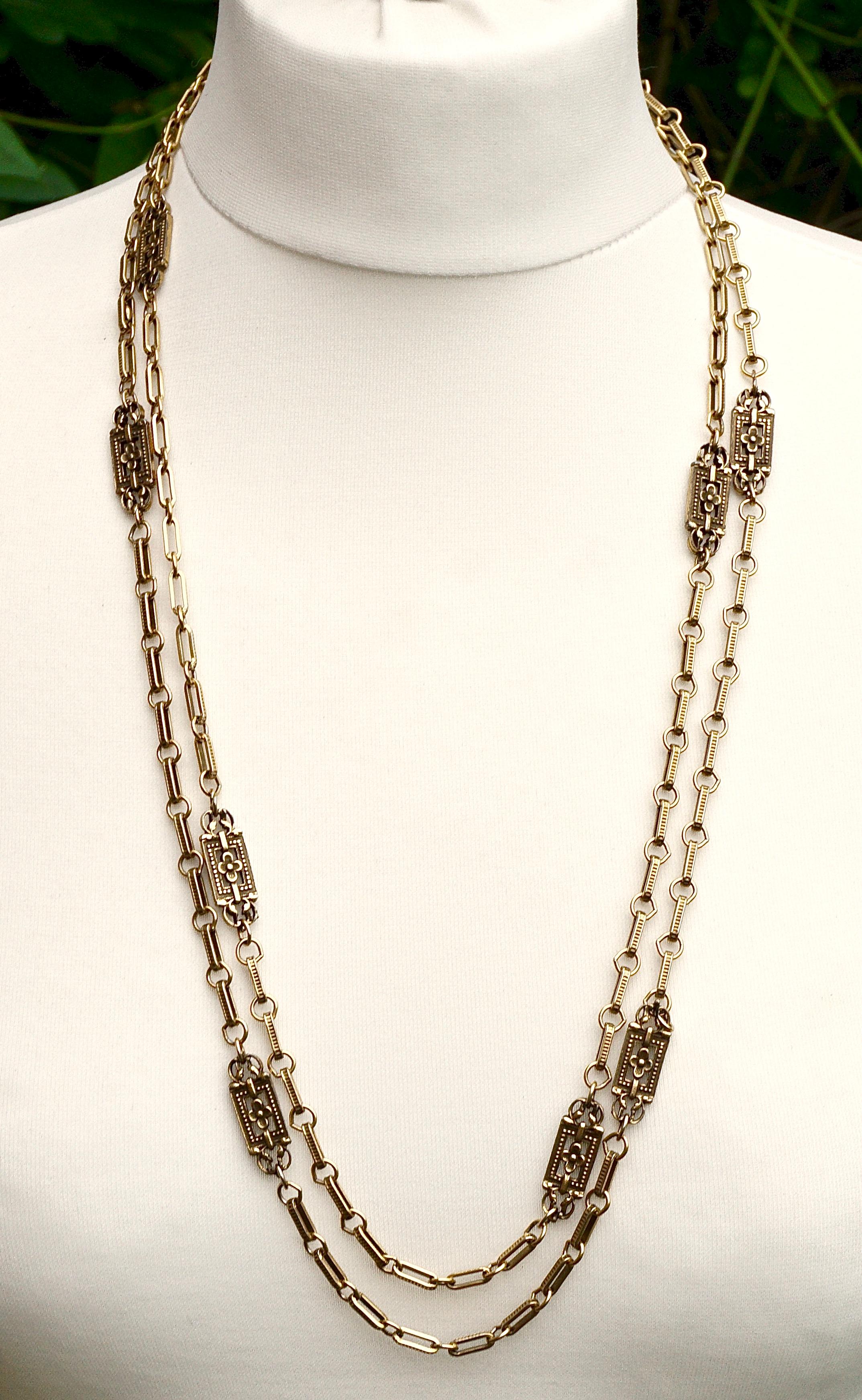 Accessocraft NYC Long Antiqued Gold Tone Flower Link Chain Necklace circa 1970s 1