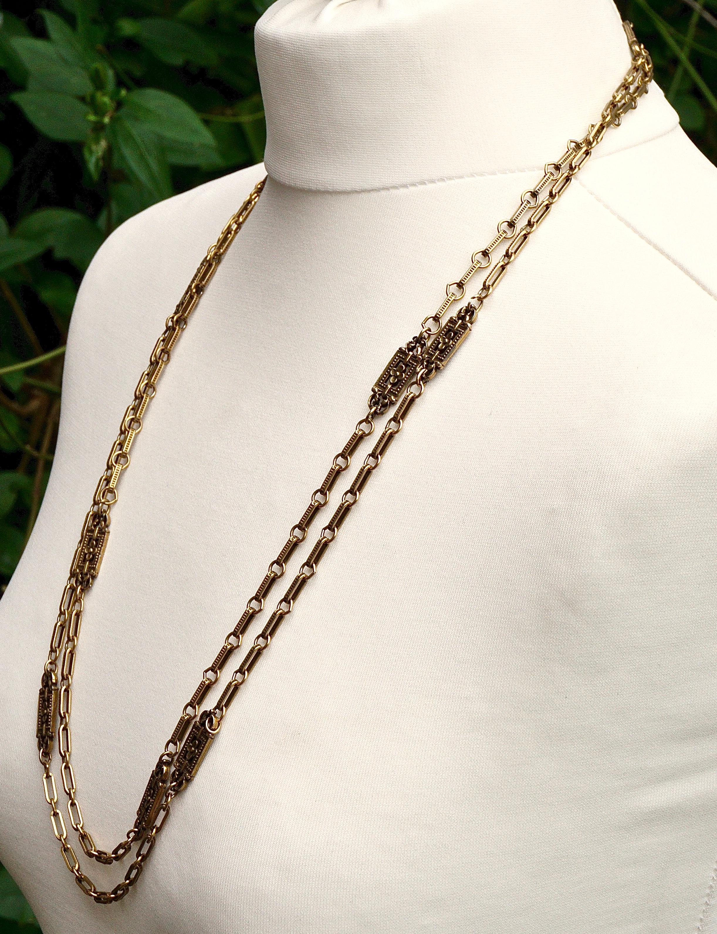 Accessocraft NYC Long Antiqued Gold Tone Flower Link Chain Necklace circa 1970s 2