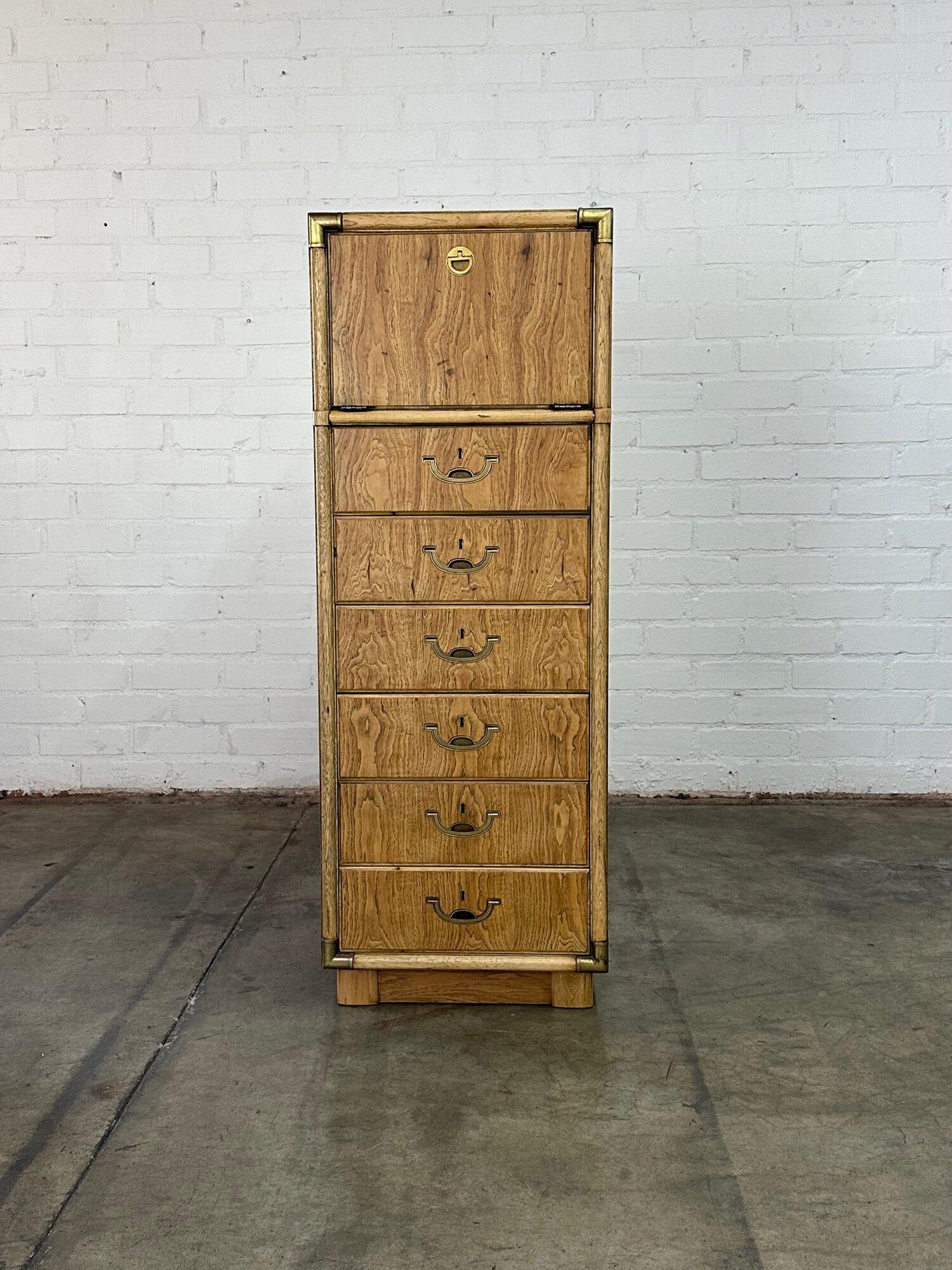 W20.5 D15.5 H56

Fully restored tall chest of drawers by Drexel. Item is fully functional and structurally sound. This item has been clear coated and shows natural grain and color hue. Chest features original hardware and pop up mirror. 