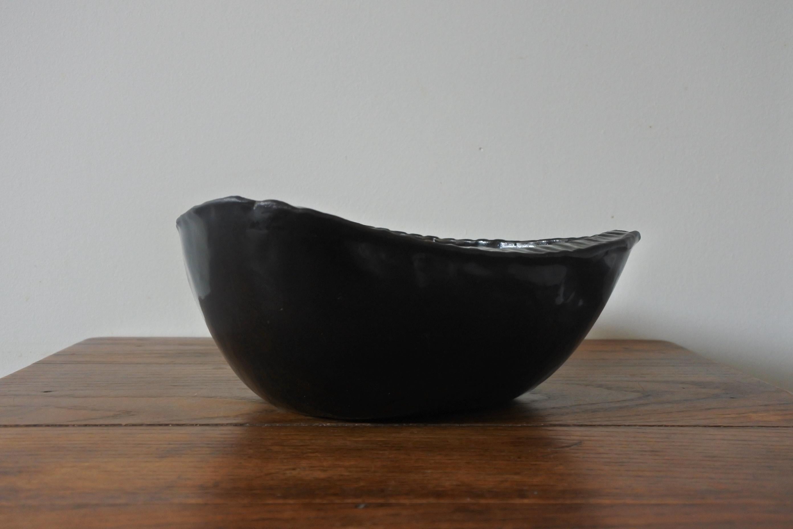 Accolay Black Glazed Ceramic Freeform Dish, France 1950s 1