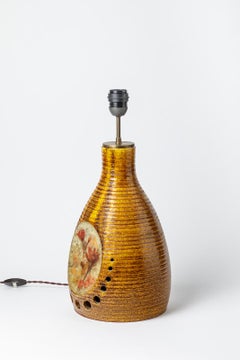 Accolay Brown Ceramic Table Lamp with Flower Decoration Midcentury, circa 1970