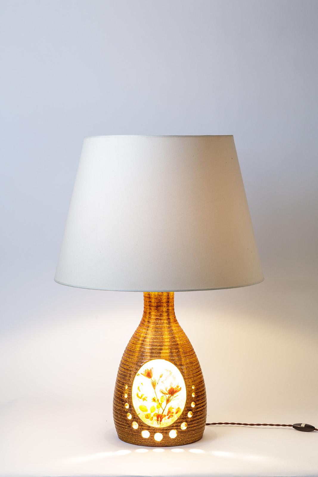 20th Century Accolay Brown Ceramic Table Lamp with Flower Decoration Midcentury, circa 1970 For Sale