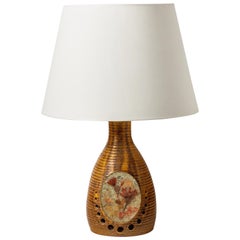 Braune Keramik-Tischlampe mit Ton-Akzent und Blumendekor aus der Mitte des Jahrhunderts, um 1970