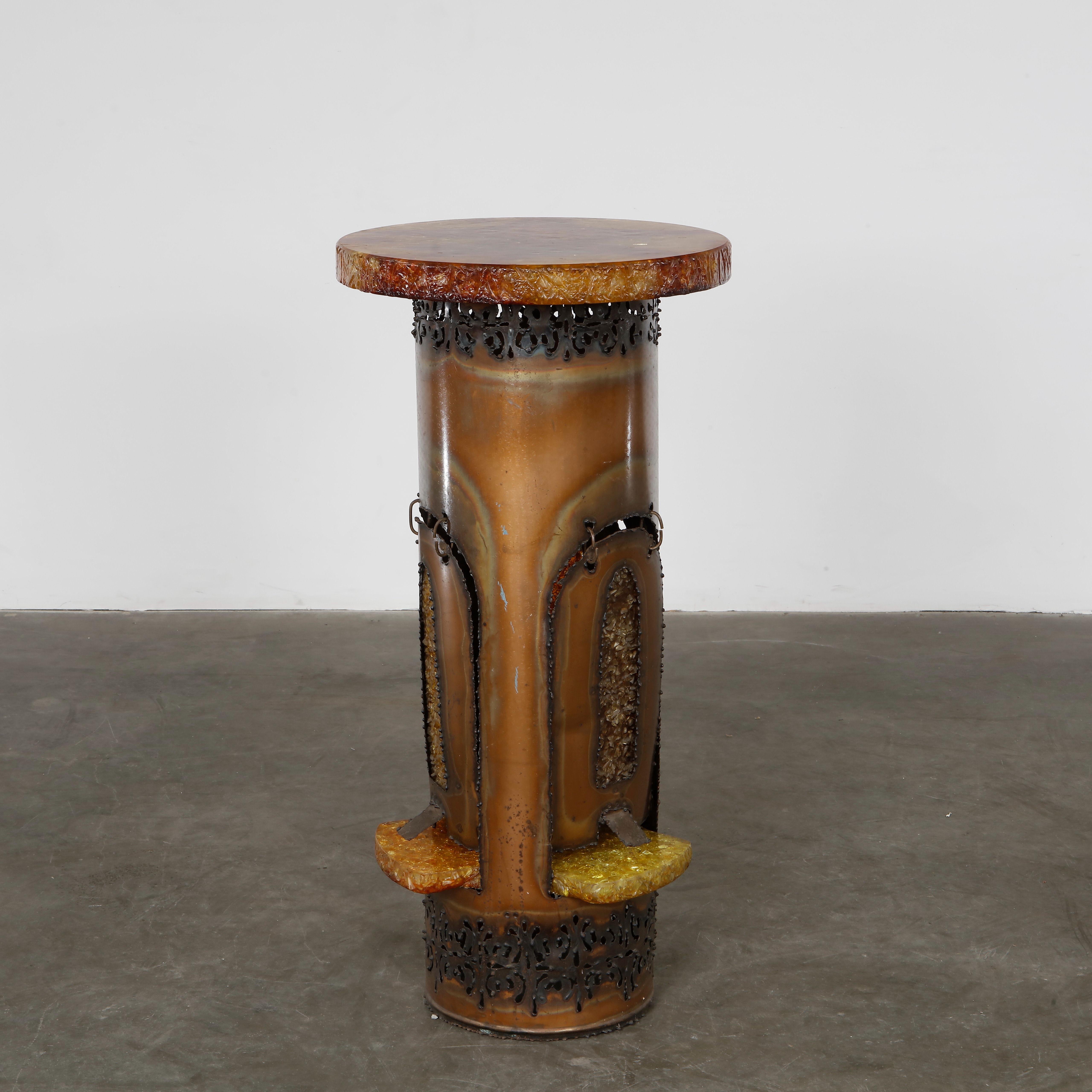 Handcrafted resin and patinated metal light sculpture, moody and brutalist Accolay at its finest. European Plug. Height: 40.5 in. Diameter: 19.5 in.