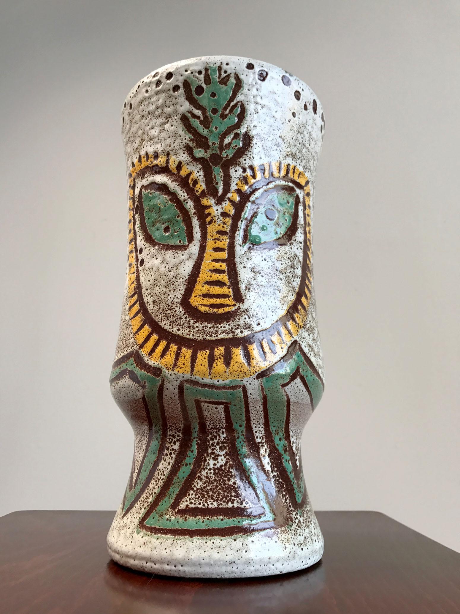 French Accolay, Ethnic Vase with Two Faces, France, 1960