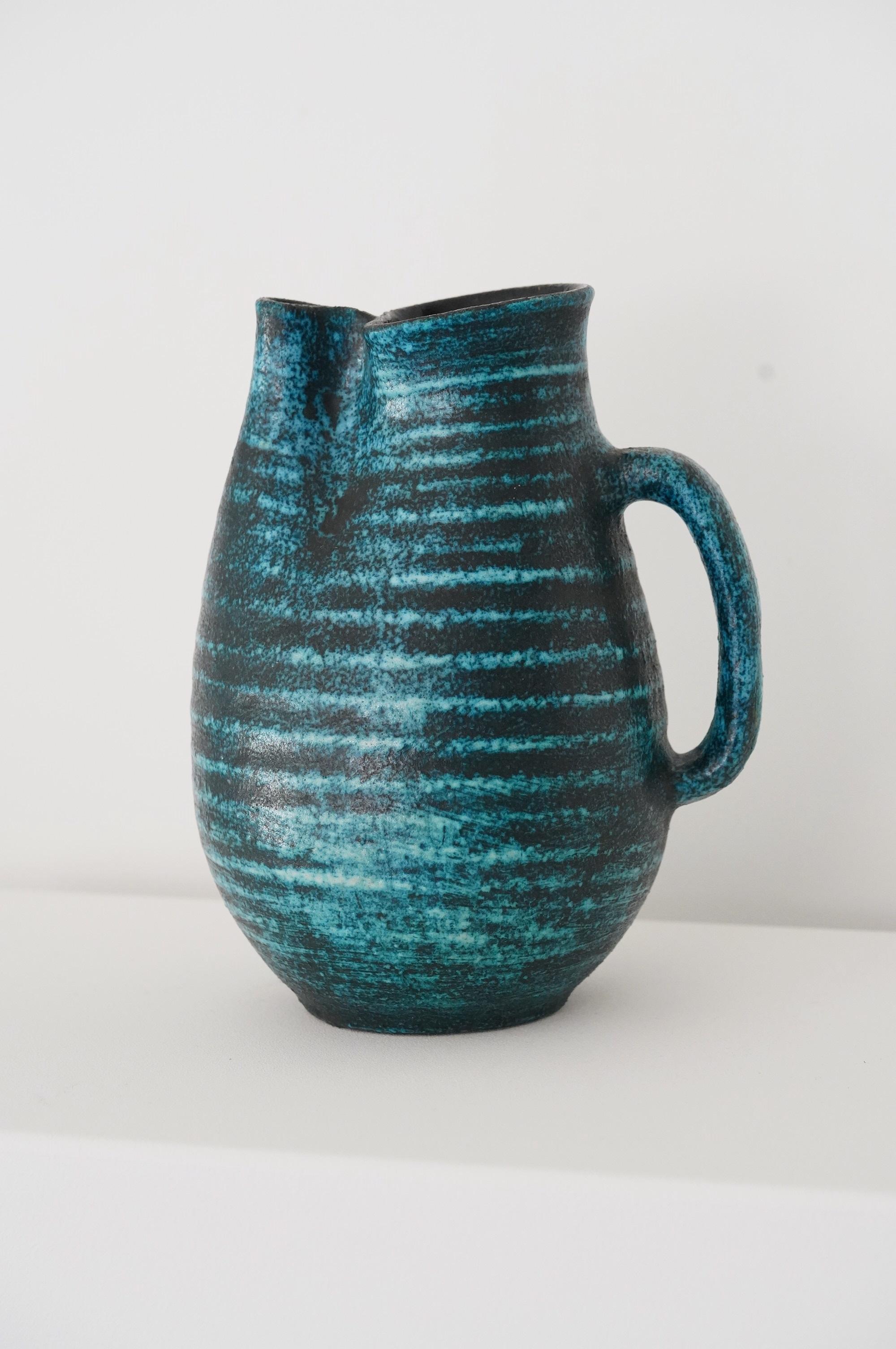 Accolay Freeform Blue Ceramic Pitcher, France 1950s For Sale 4