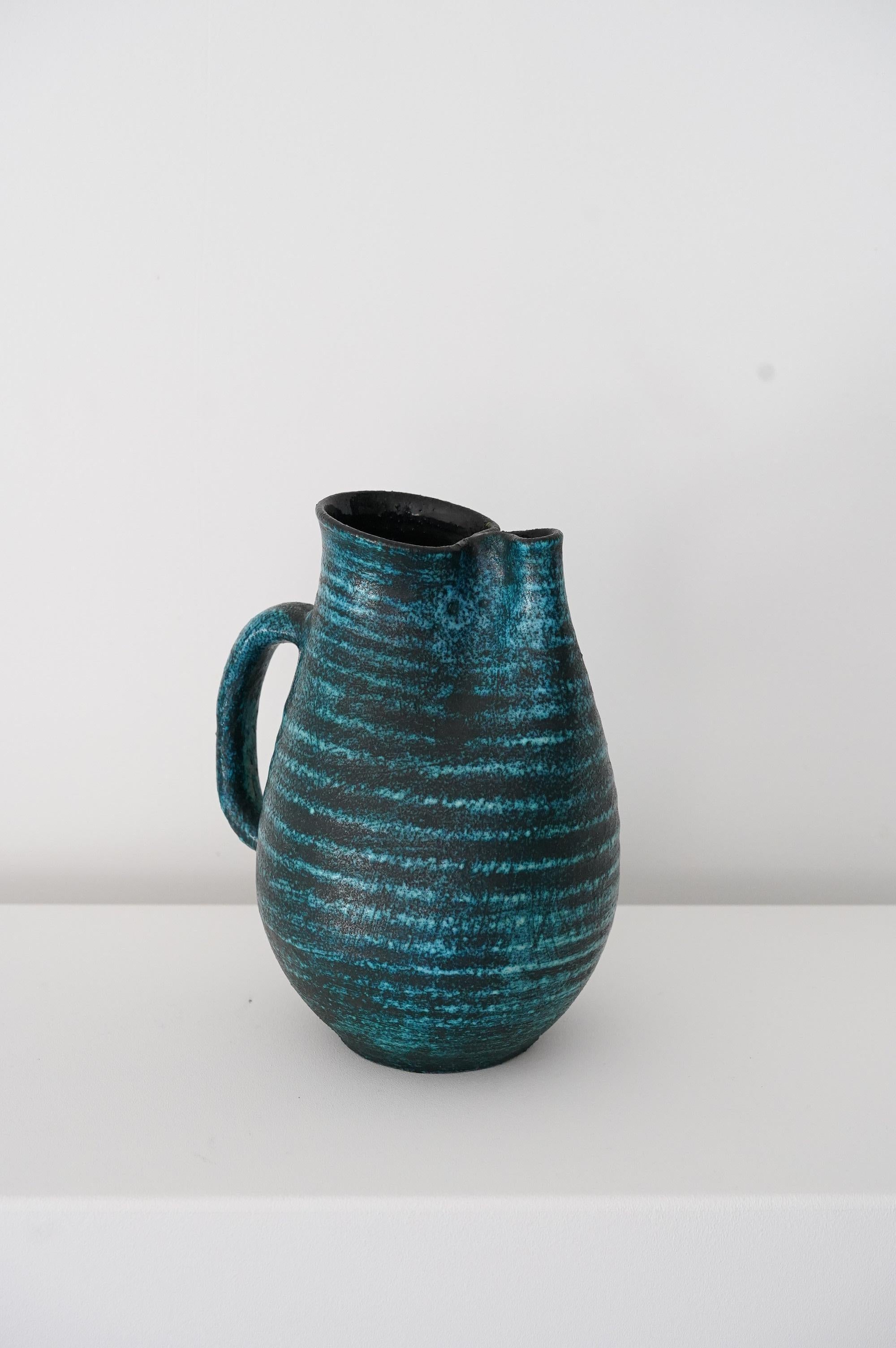 Accolay Freeform Blue Ceramic Pitcher, France 1950s For Sale 5