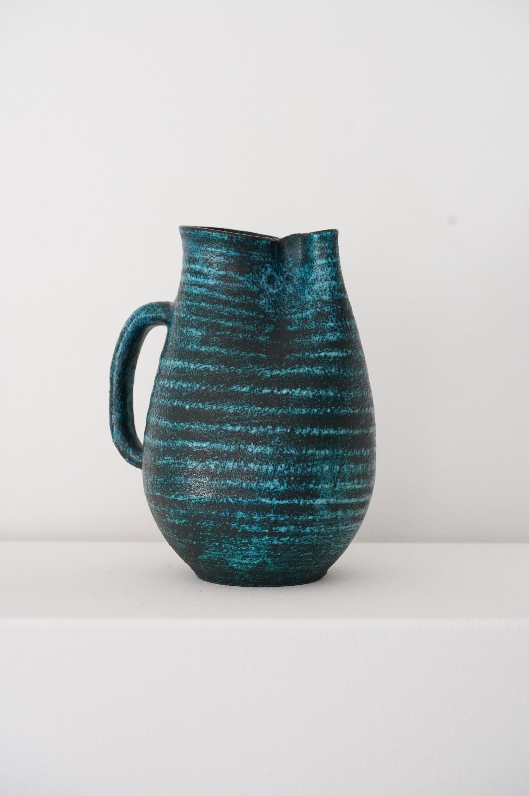 Accolay Freeform Blue Ceramic Pitcher, France 1950s For Sale 6