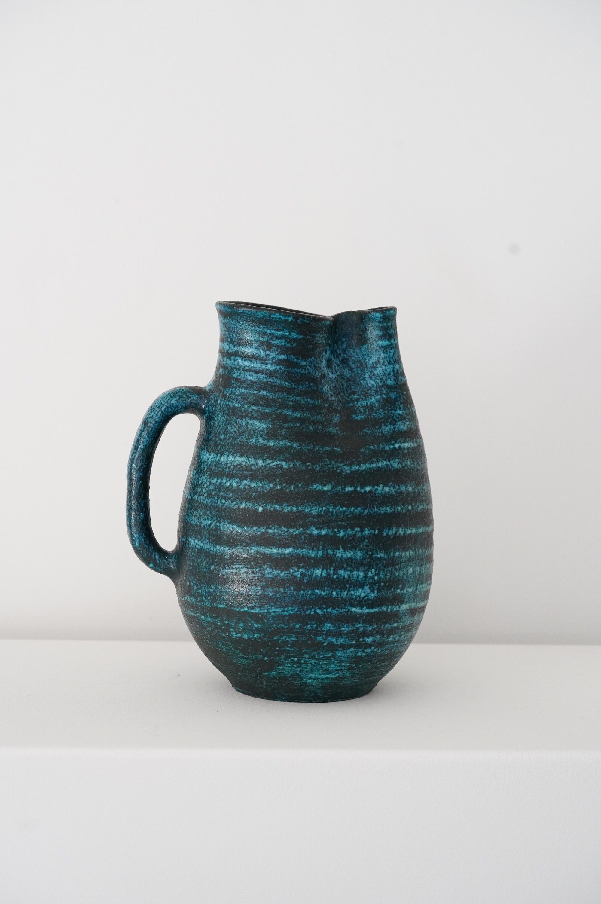 Accolay Freeform Blue Ceramic Pitcher, France 1950s For Sale 7