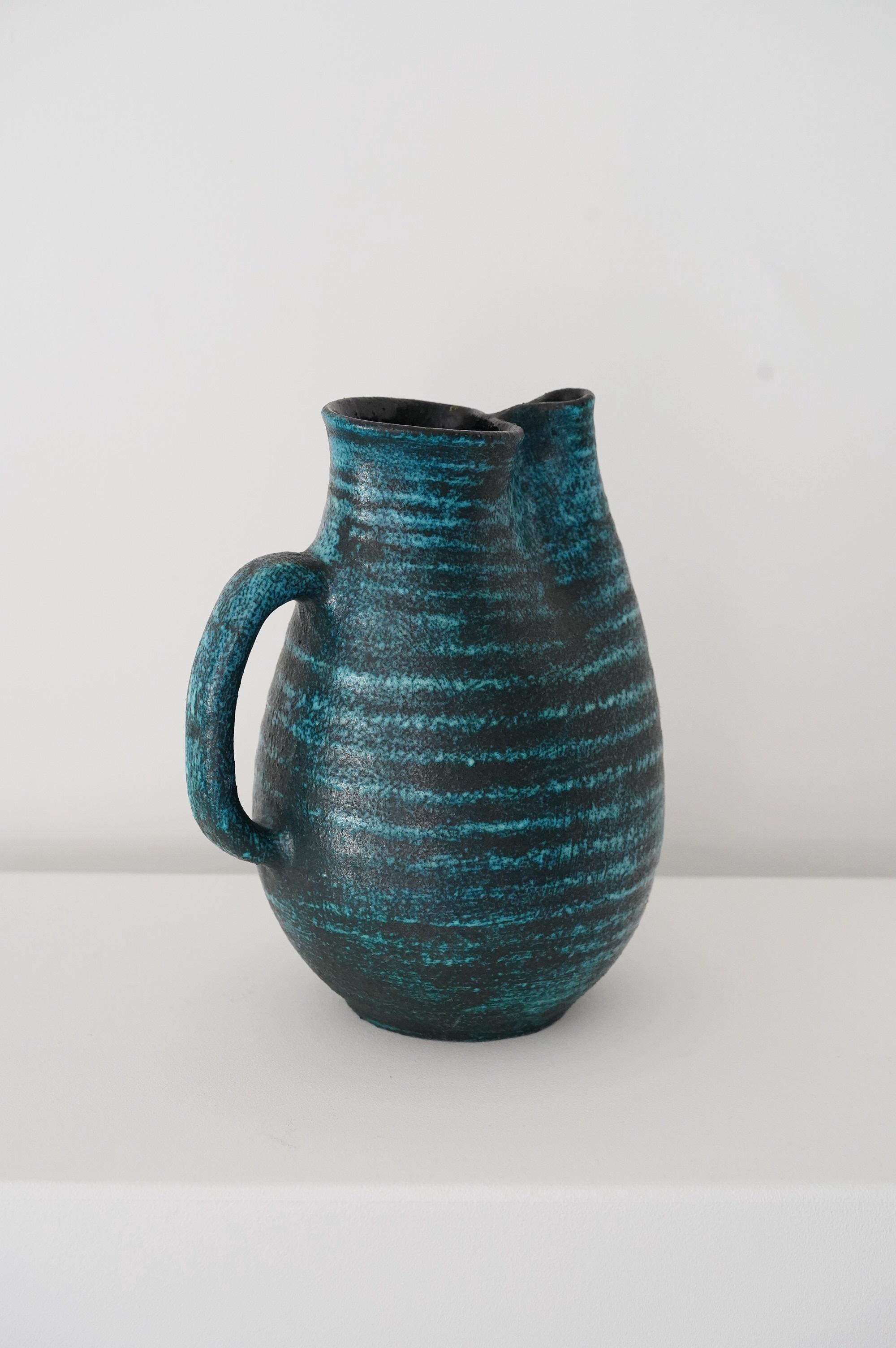 French Accolay Freeform Blue Ceramic Pitcher, France 1950s For Sale