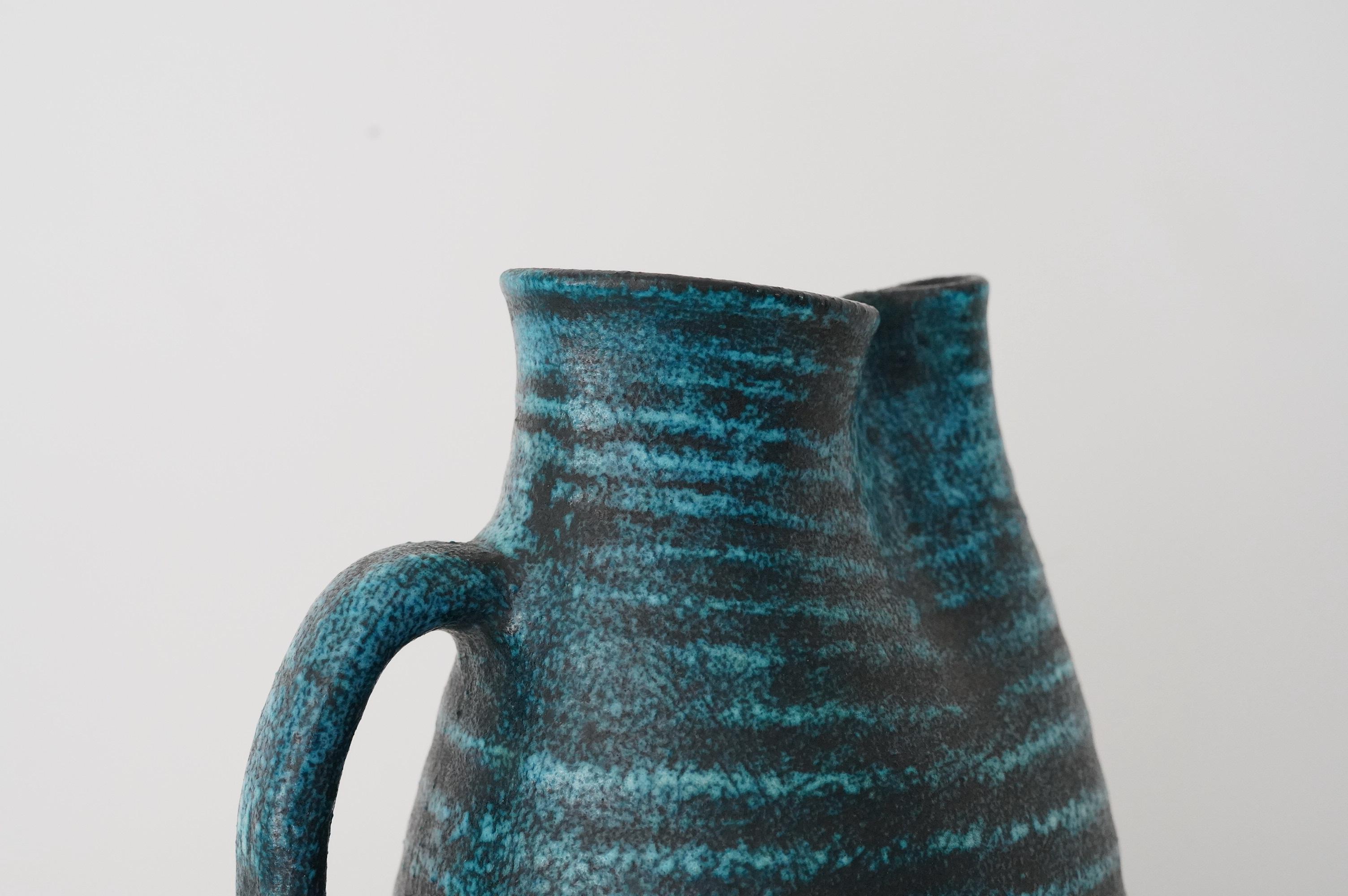 Accolay Freeform Blue Ceramic Pitcher, France 1950s In Excellent Condition For Sale In La Teste De Buch, FR