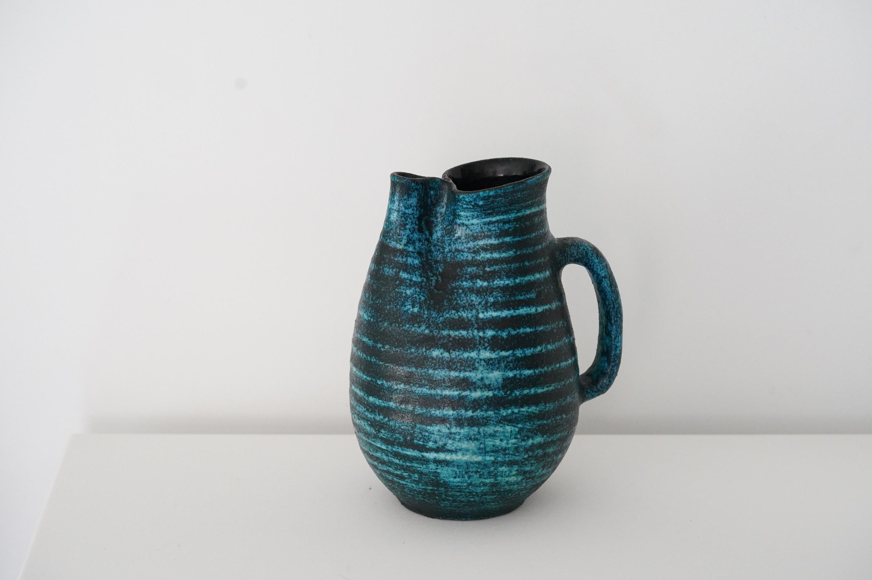 Accolay Freeform Blue Ceramic Pitcher, France 1950s For Sale 1