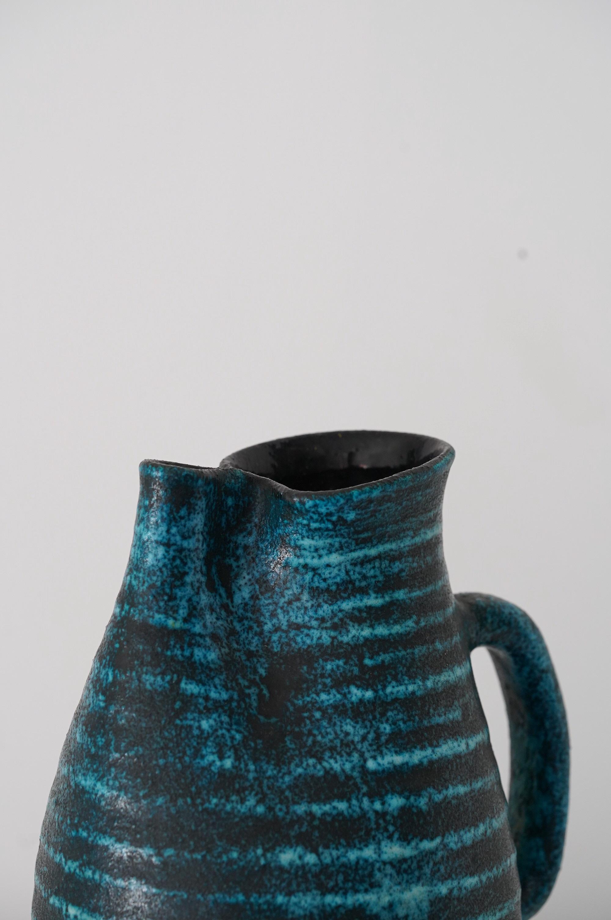 Accolay Freeform Blue Ceramic Pitcher, France 1950s For Sale 2