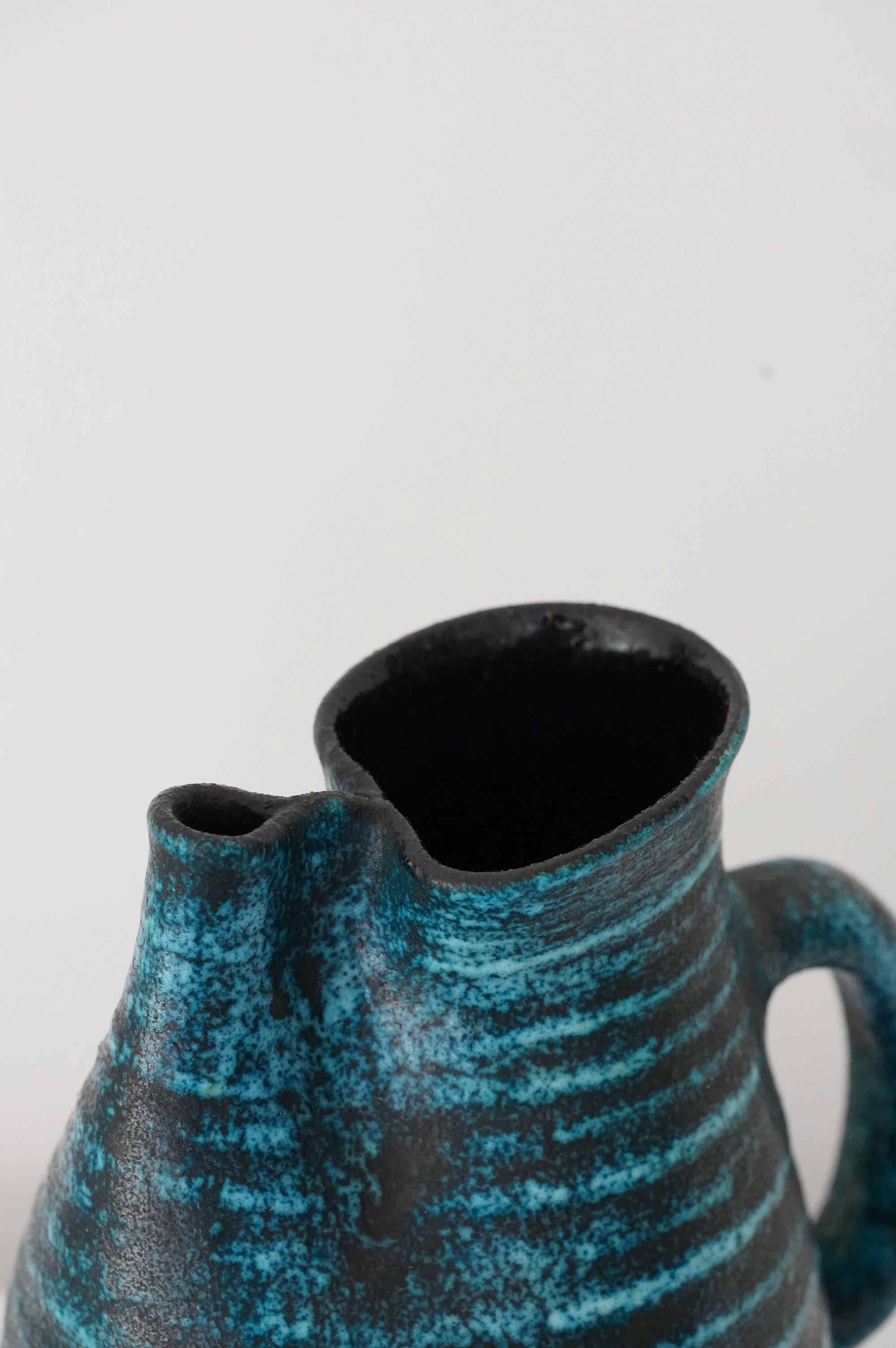 Accolay Freeform Blue Ceramic Pitcher, France 1950s For Sale 3