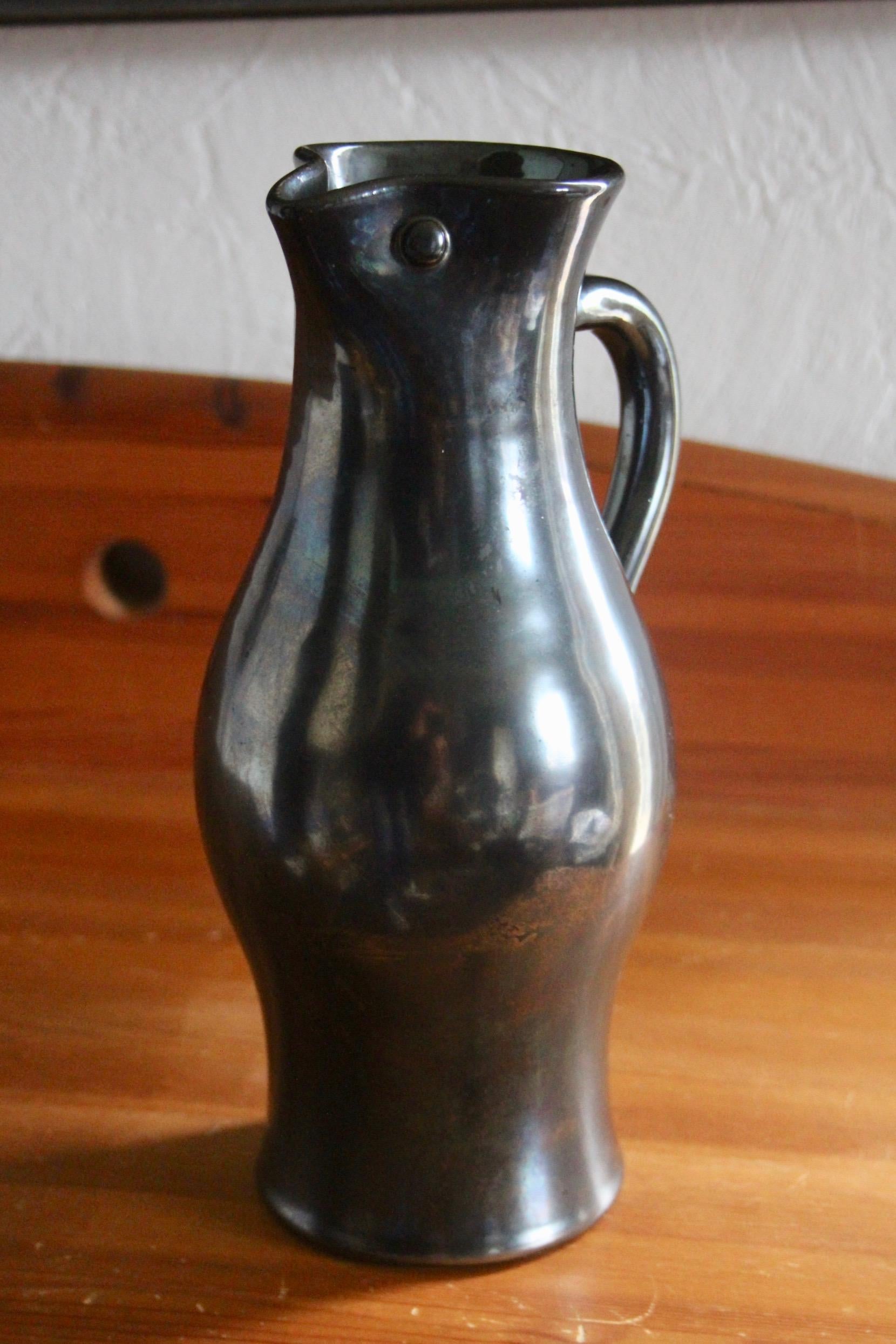 Accolay French Ceramic Handled Pitcher Vase For Sale 2