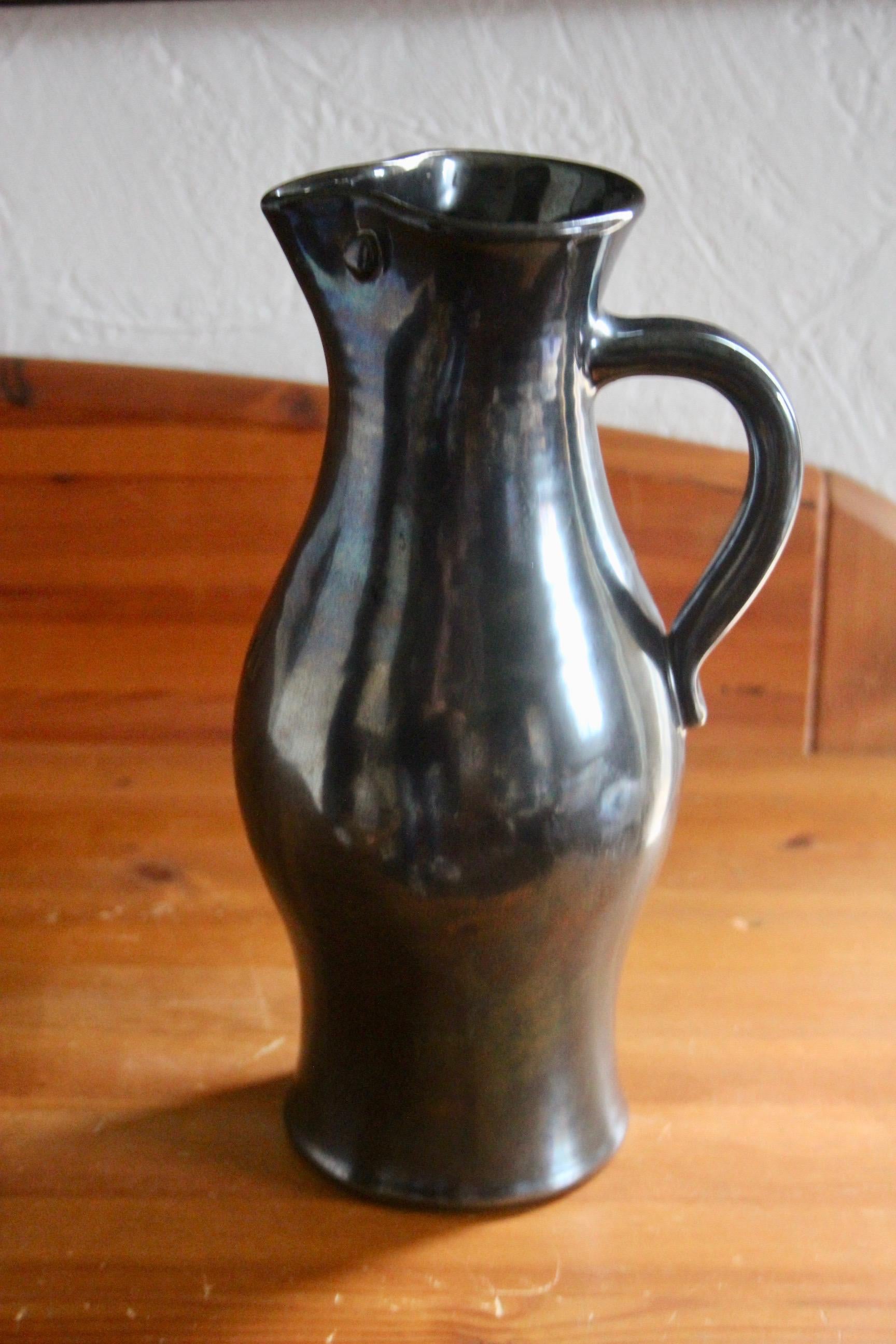 Accolay French Ceramic Handled Pitcher Vase For Sale 4