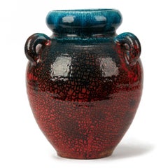 Accolay French Large Turquoise & Red Glazed Handled Vase, circa 1950