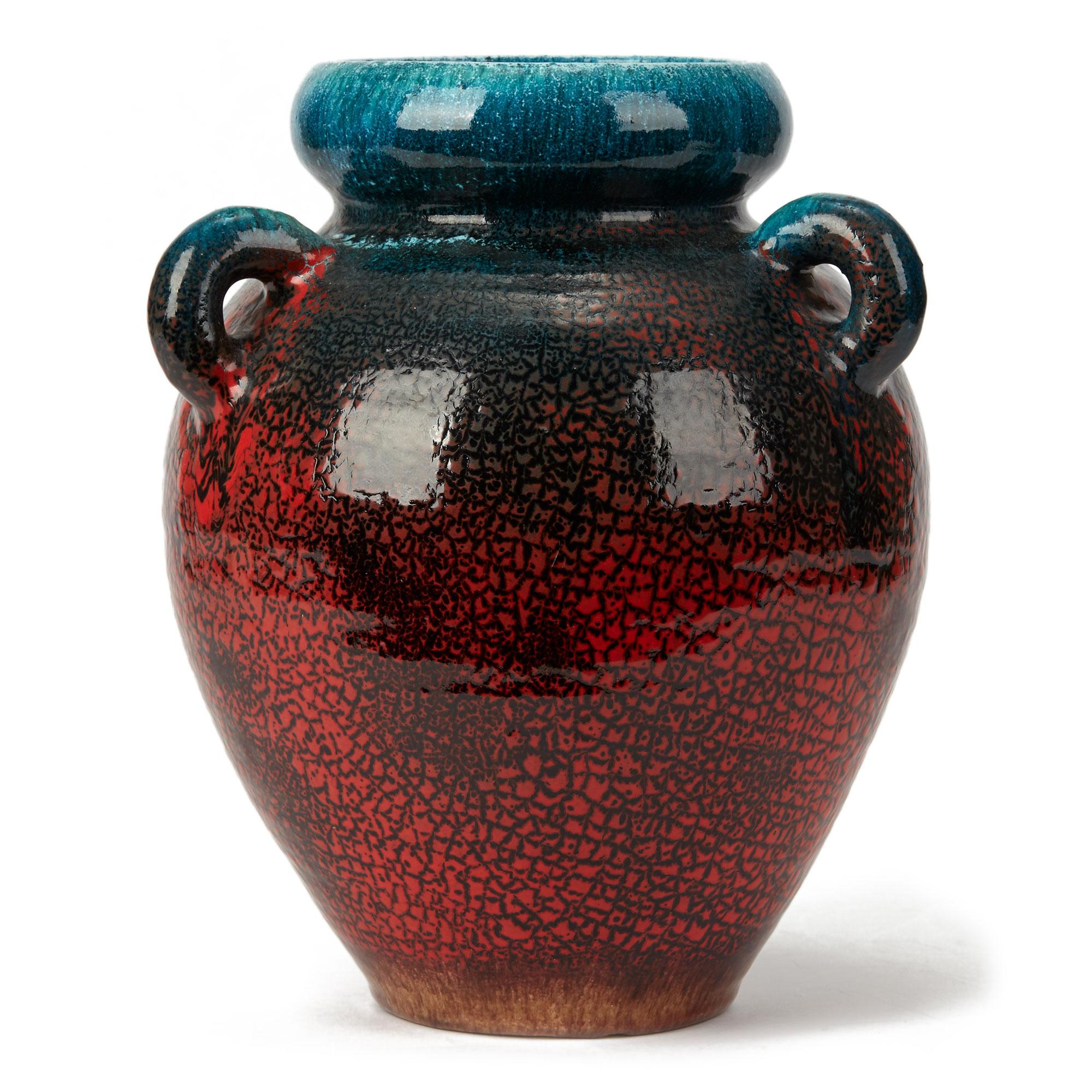 Mid-Century Modern Accolay French Large Turquoise & Red Glazed Handled Vase, circa 1950