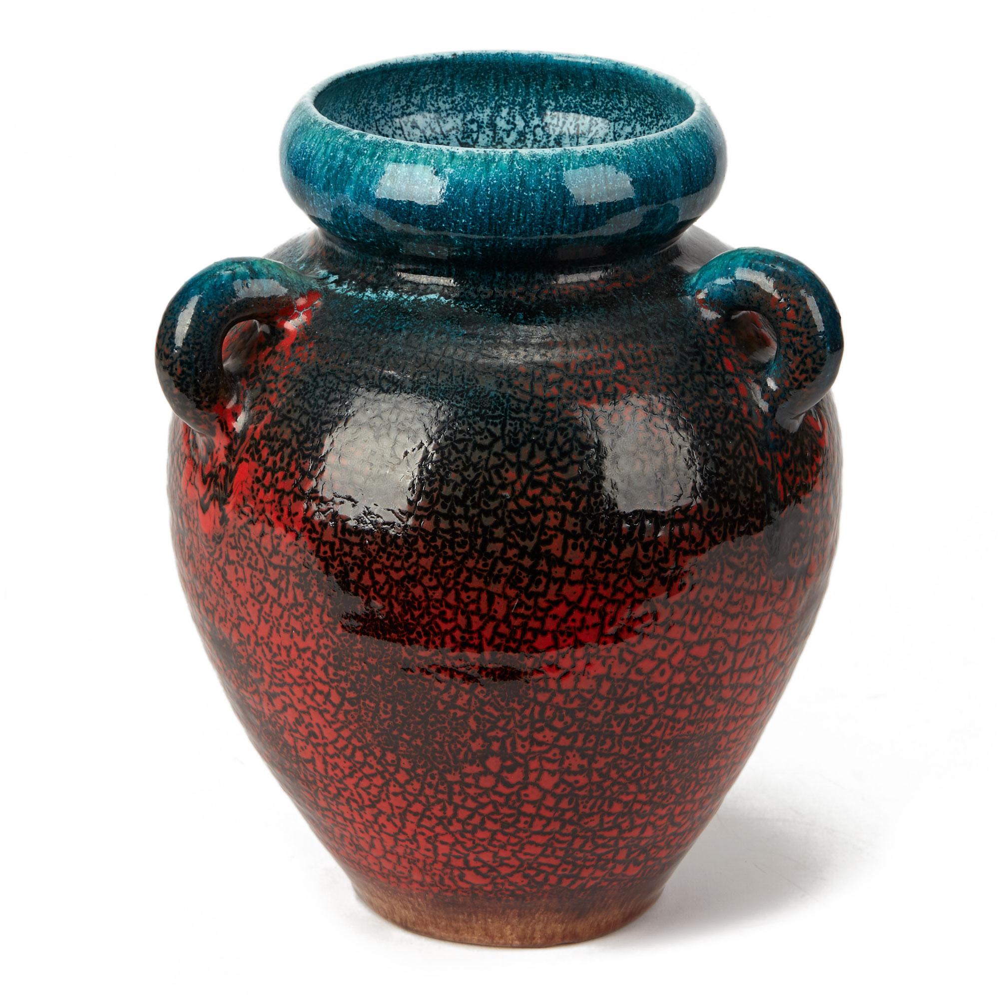 Accolay French Large Turquoise & Red Glazed Handled Vase, circa 1950 In Good Condition In Bishop's Stortford, Hertfordshire