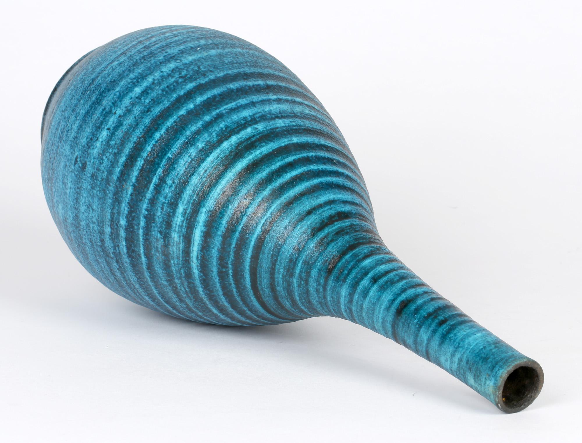 Accolay French Mid-Century Gauloise Blue Ceramic Bottle Vase 8