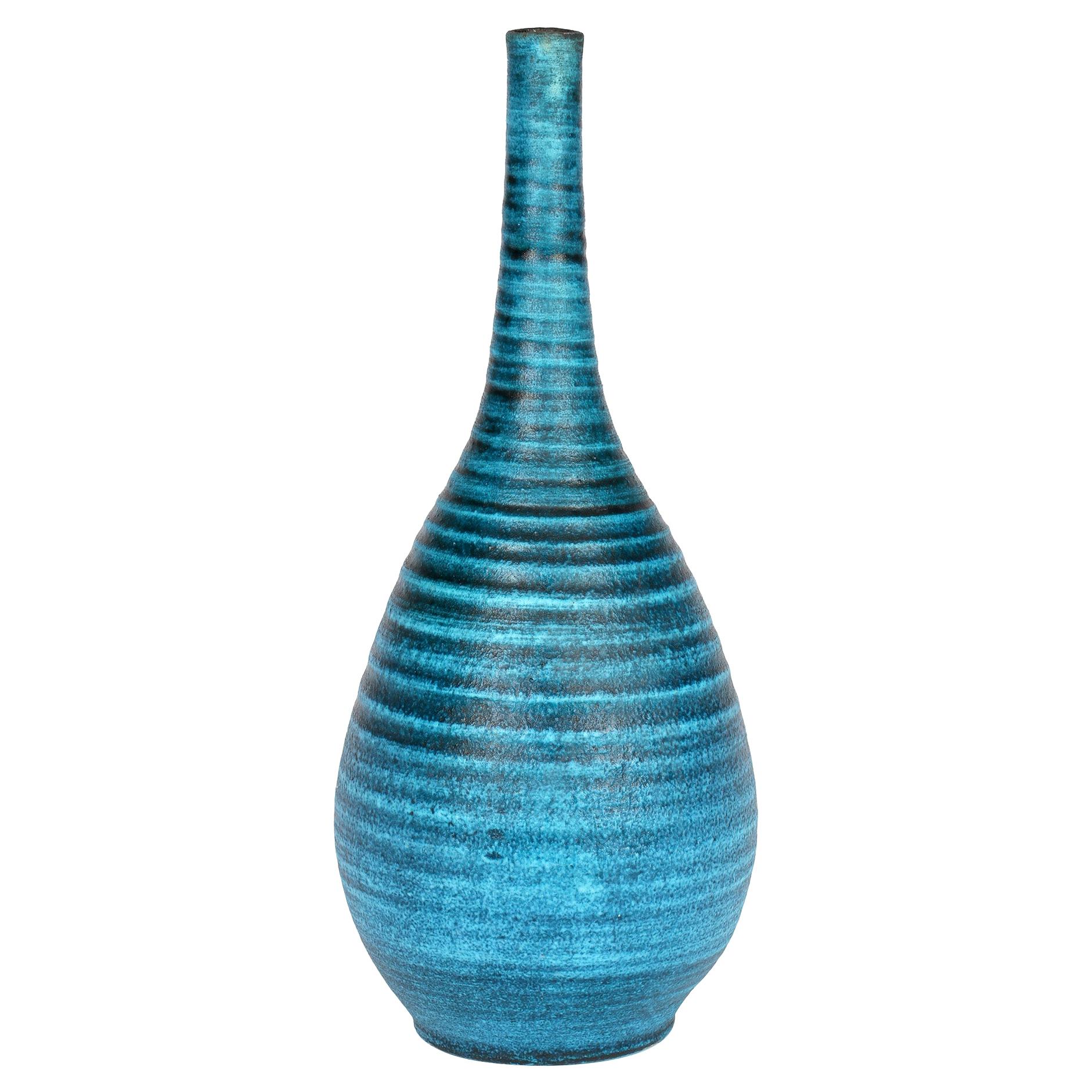 Accolay French Mid-Century Gauloise Blue Ceramic Bottle Vase