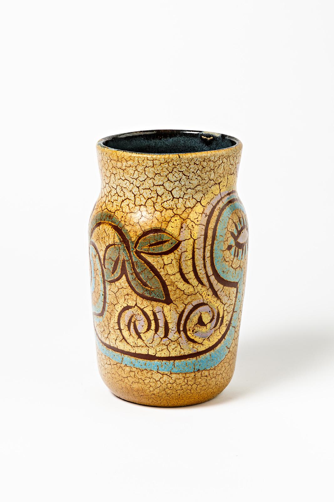 Mid-Century Modern Accolay French Yellow Ceramic Vase circa 1950 Rare Visage Decoration