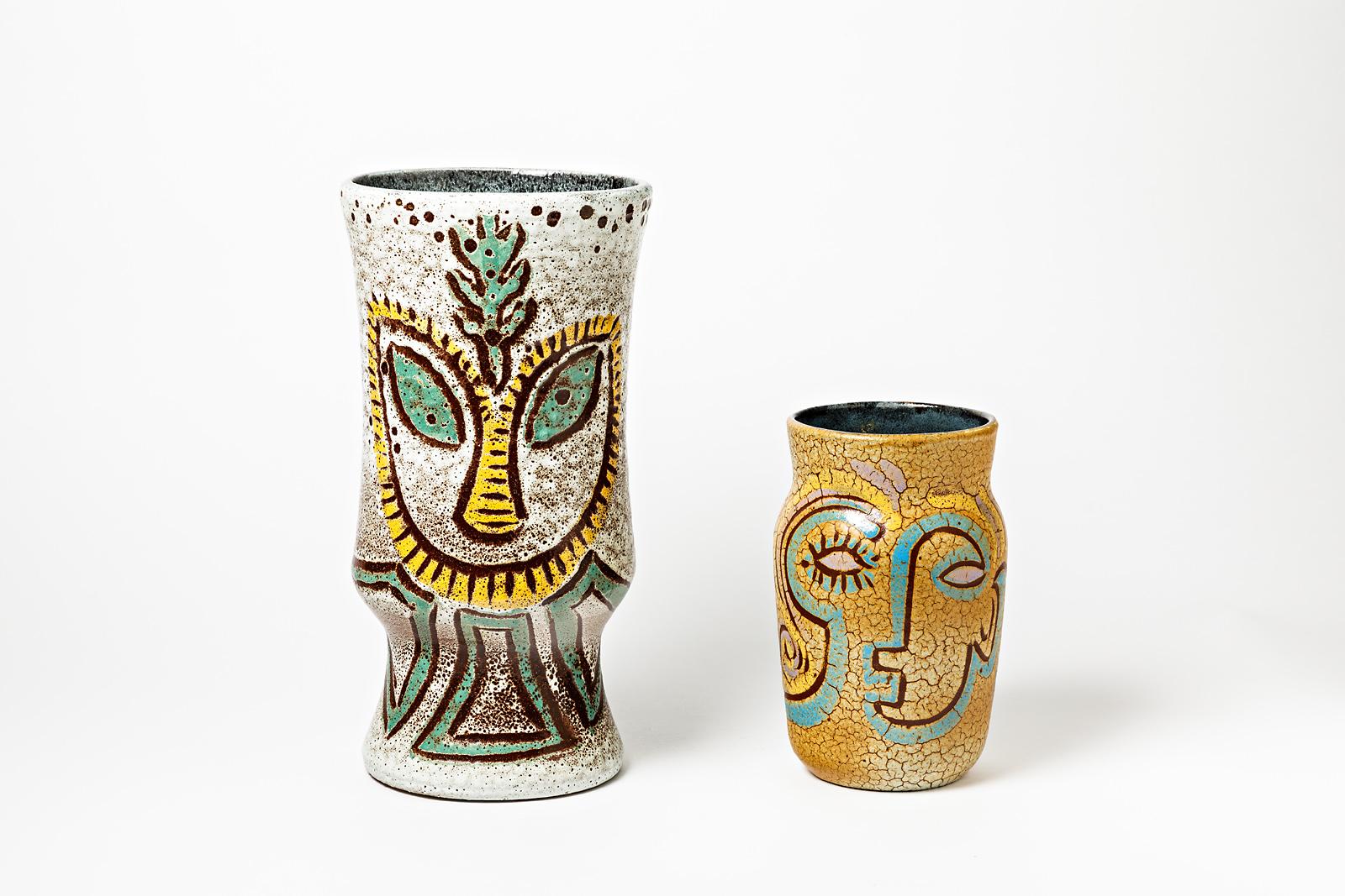 20th Century Accolay French Yellow Ceramic Vase circa 1950 Rare Visage Decoration