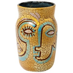 Accolay French Yellow Ceramic Vase circa 1950 Rare Visage Decoration