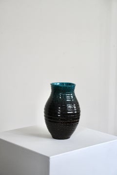 Accolay Glazed Ceramic Vase, Mid-Century Ribbed Design, 1960s France