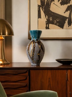 Accolay Large Stoneware Vase, African Scene, Mid-Century, France