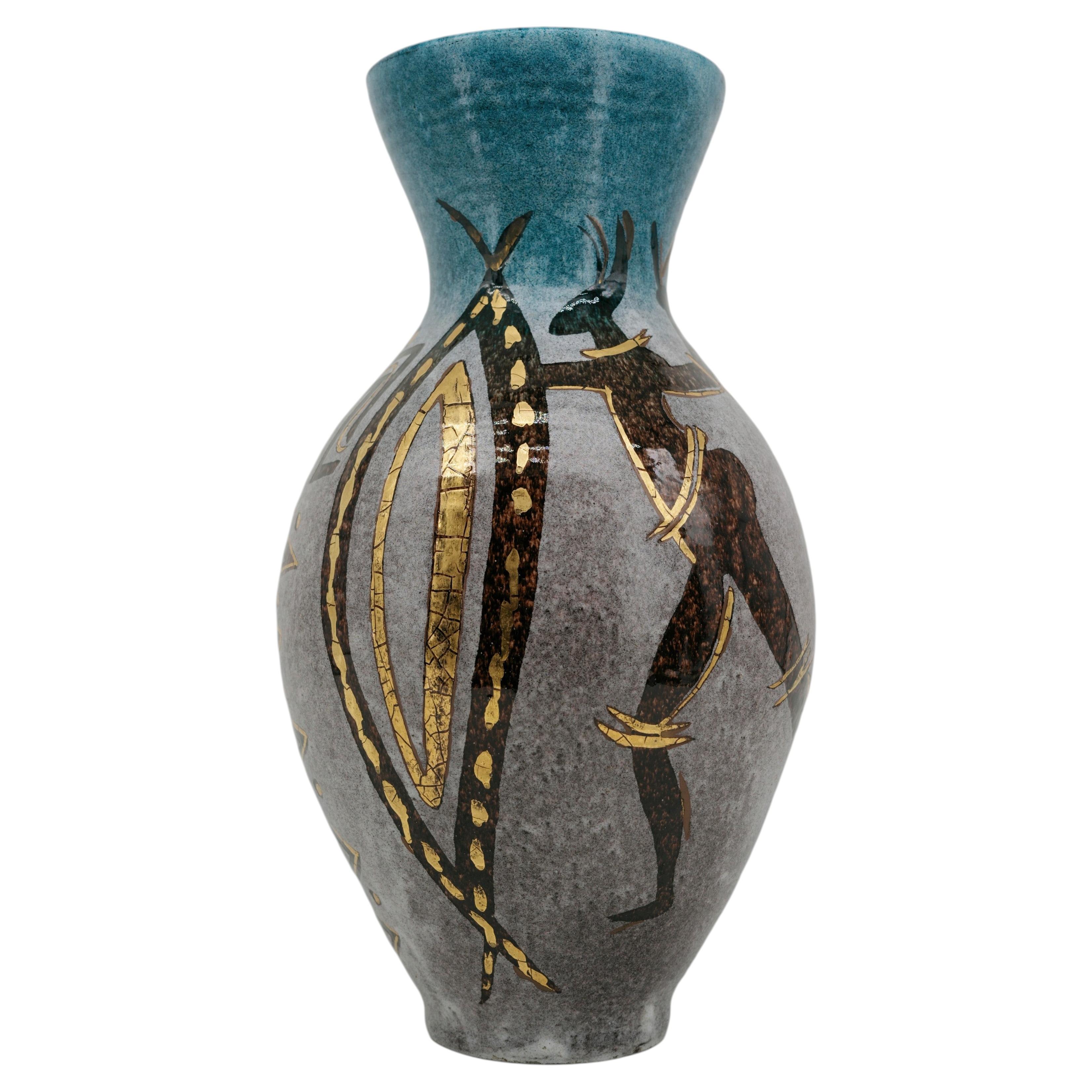 Accolay Large Stoneware Vase, African Scene, Mid-Century, France