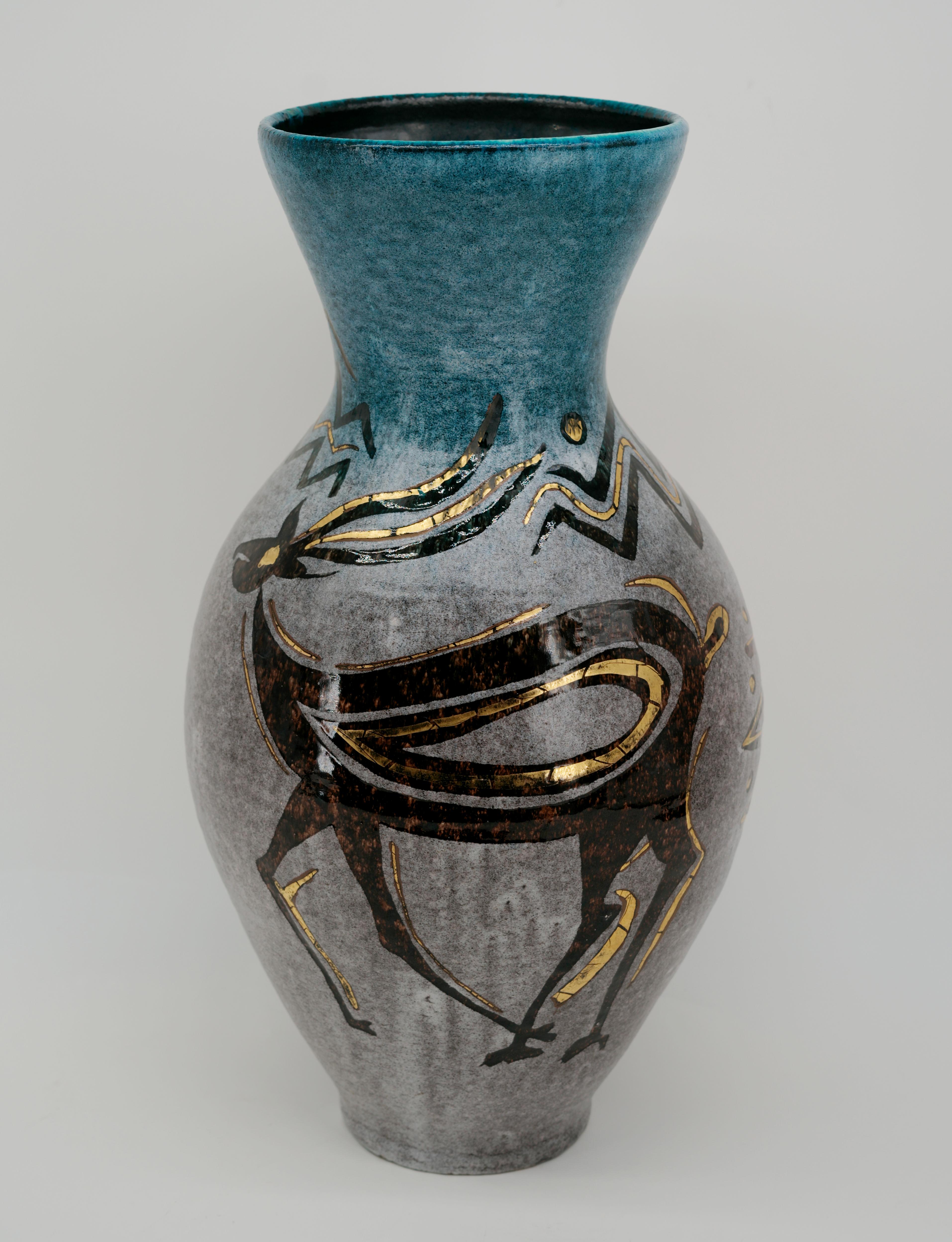 Mid-Century moderno Vaso in gres con scena di caccia di Accolay Museal, anni '50 in vendita