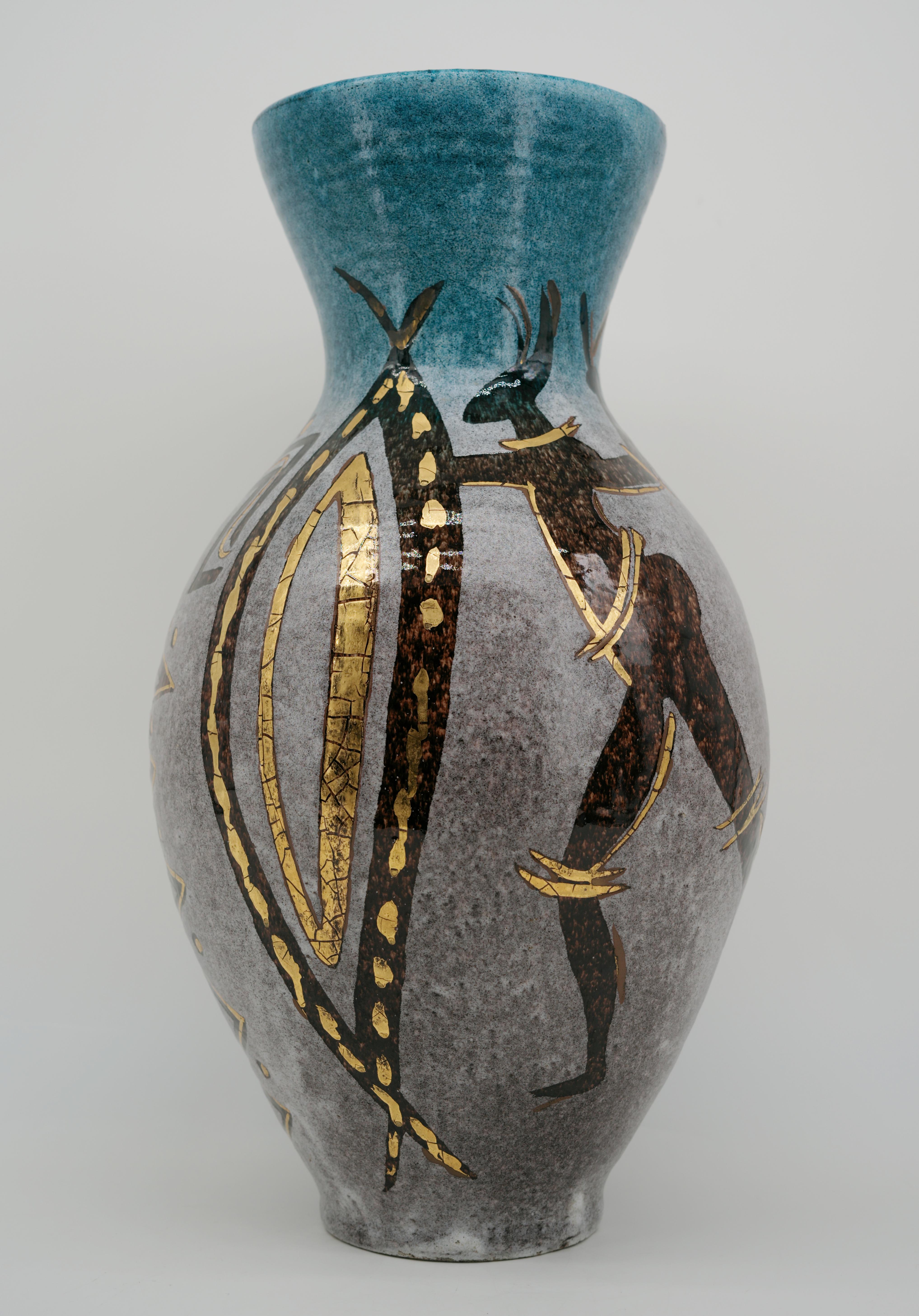 Vaso in gres con scena di caccia di Accolay Museal, anni '50 In condizioni buone in vendita a Saint-Amans-des-Cots, FR