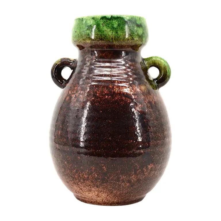 French midcentury vase by Accolay, France, 1950s. Green and brown to purple vase. The brown color on the photos becomes purple with the daylight. Height 30cm (9.8