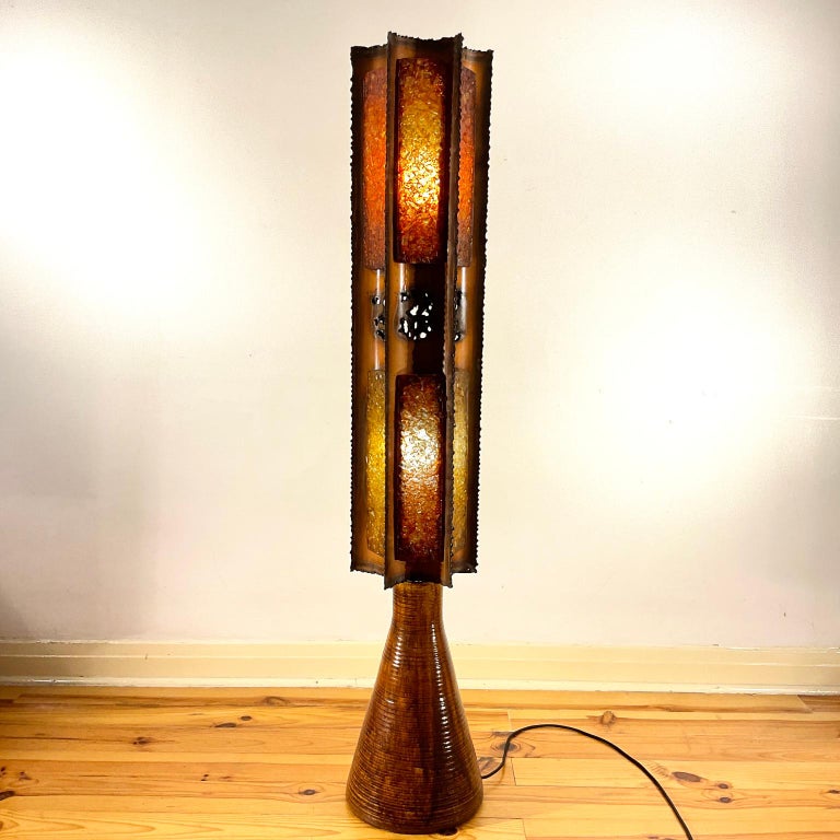 French Accolay Studio Pottery Floor Lamp with a Brutalist Lampshade, France, 1960s For Sale