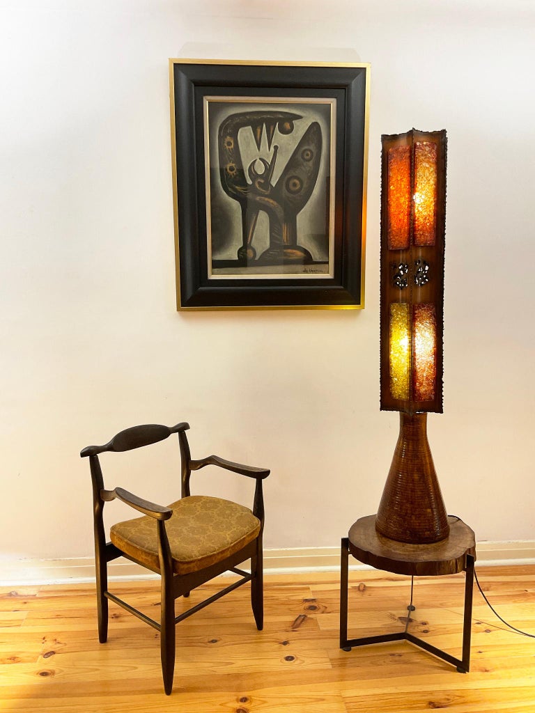 Accolay Studio Pottery Floor Lamp with a Brutalist Lampshade, France, 1960s In Good Condition For Sale In London, GB