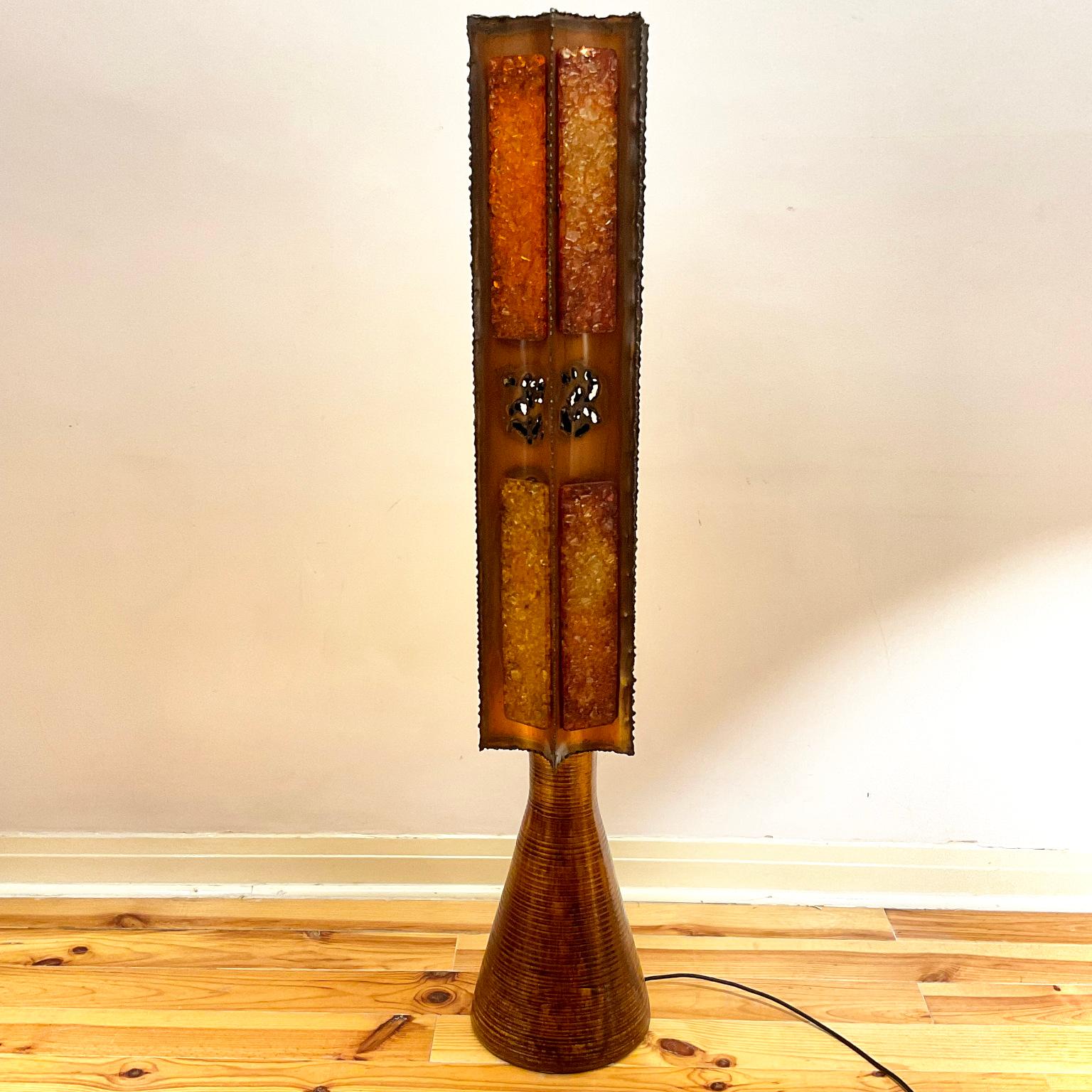 Hand-Crafted Accolay Studio Pottery Floor Lamp with a Brutalist Lampshade France 1960s For Sale