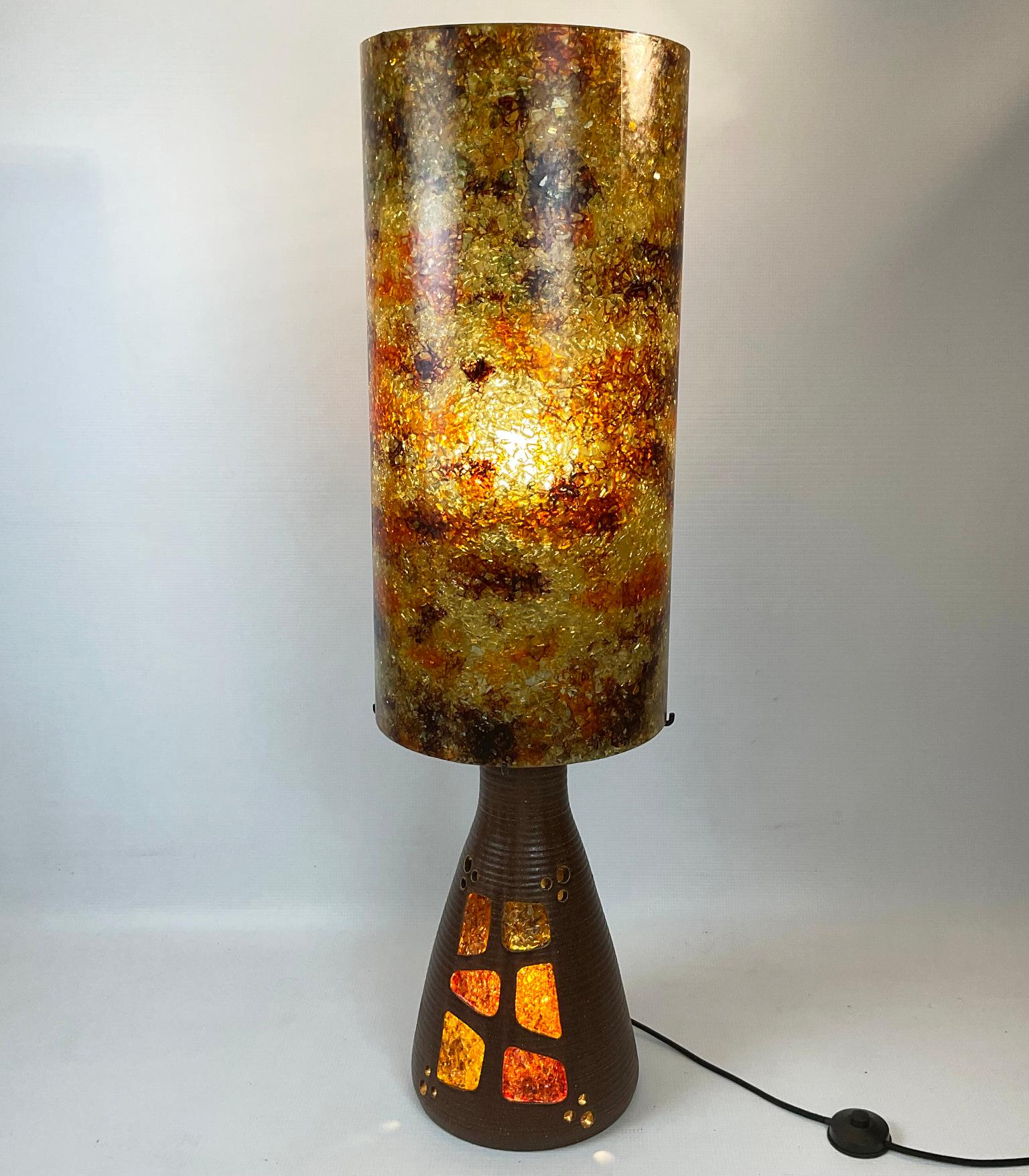 Brutalist Accolay Studio Pottery Table Lamp with Its Own Glass Resin Shade, France 1960s