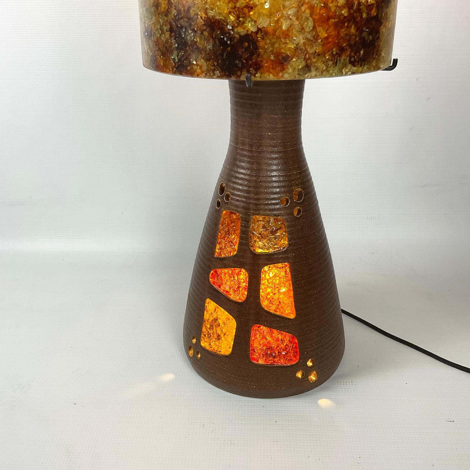 French Accolay Studio Pottery Table Lamp with Its Own Glass Resin Shade, France 1960s