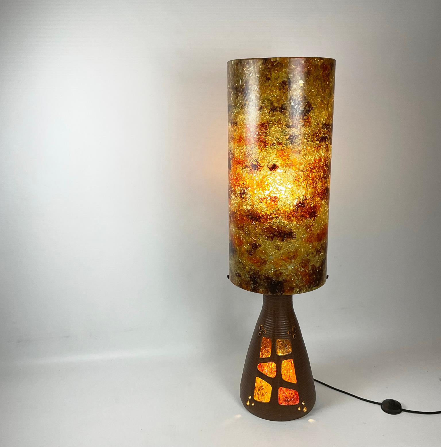 Terracotta Accolay Studio Pottery Table Lamp with Its Own Glass Resin Shade, France 1960s