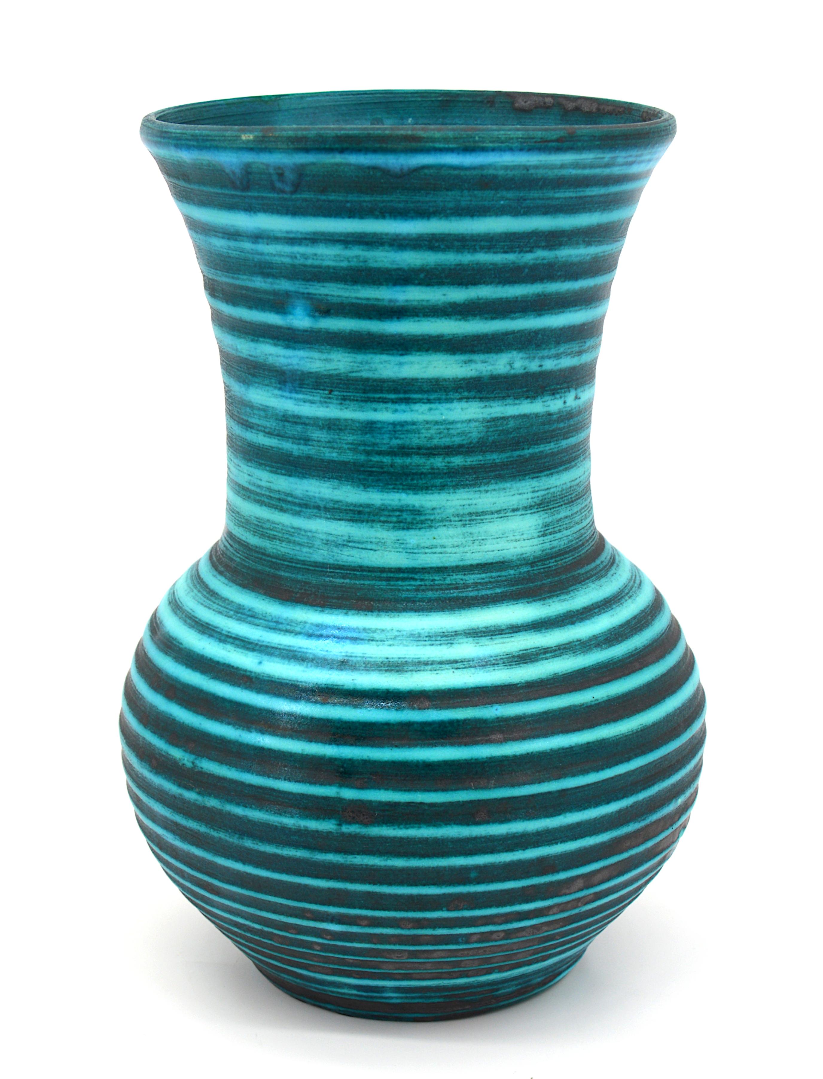 French midcentury vase by Accolay, France, 1950s. Turquoise blue and anthracite gray concentric circle vase. Measures: Height 25cm (9.8