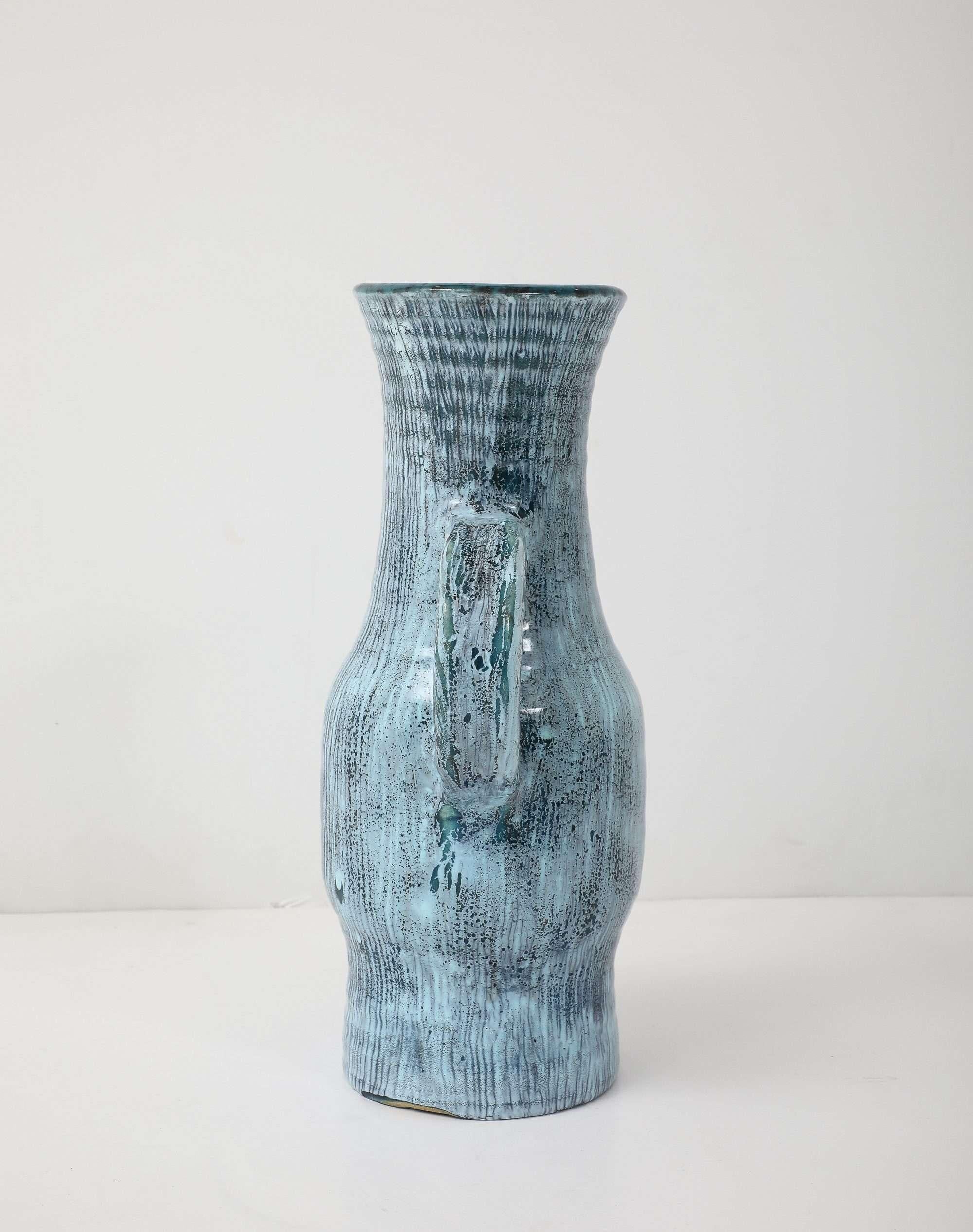 French Accolay Turquoise Striated Pitcher For Sale