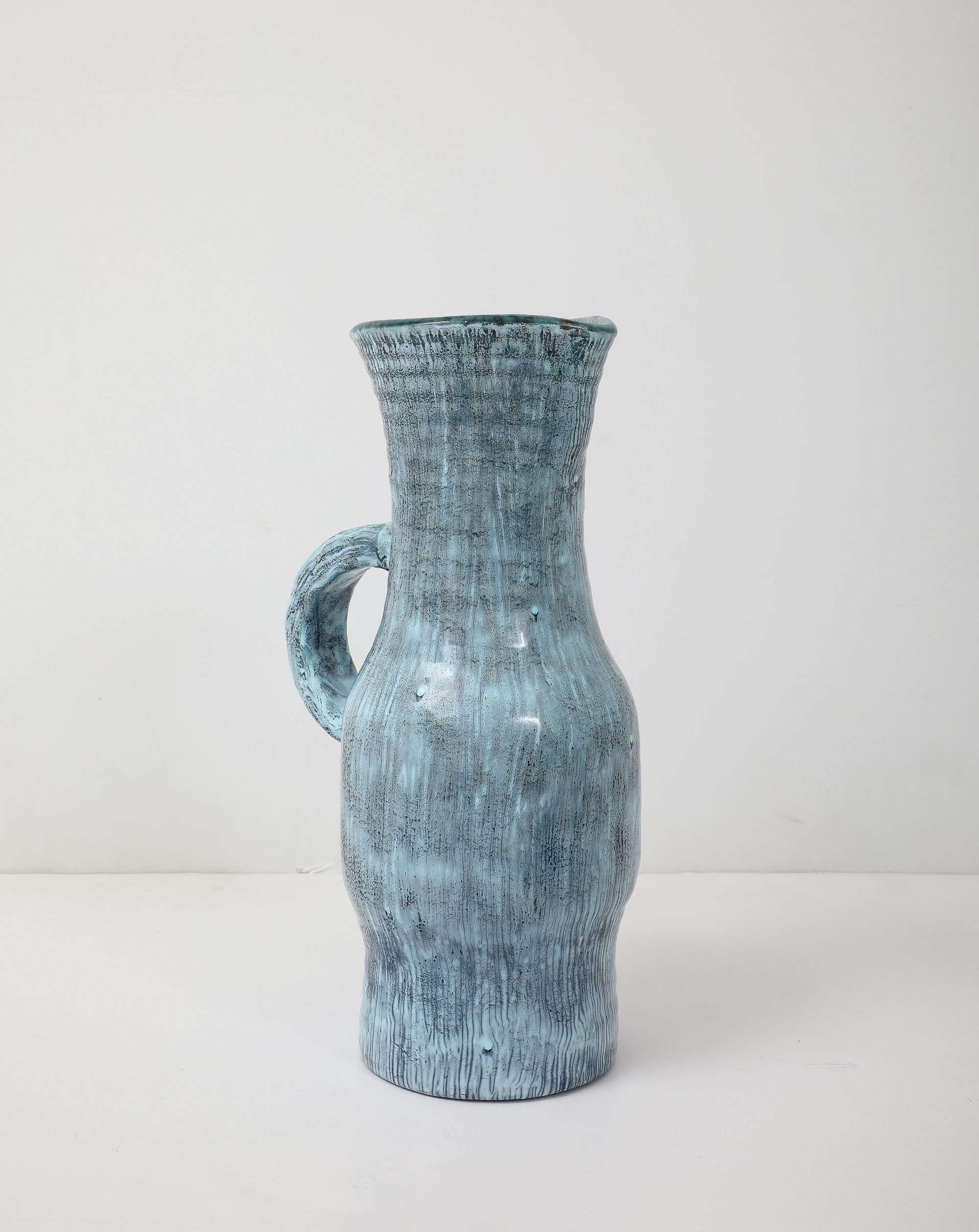 20th Century Accolay Turquoise Striated Pitcher For Sale