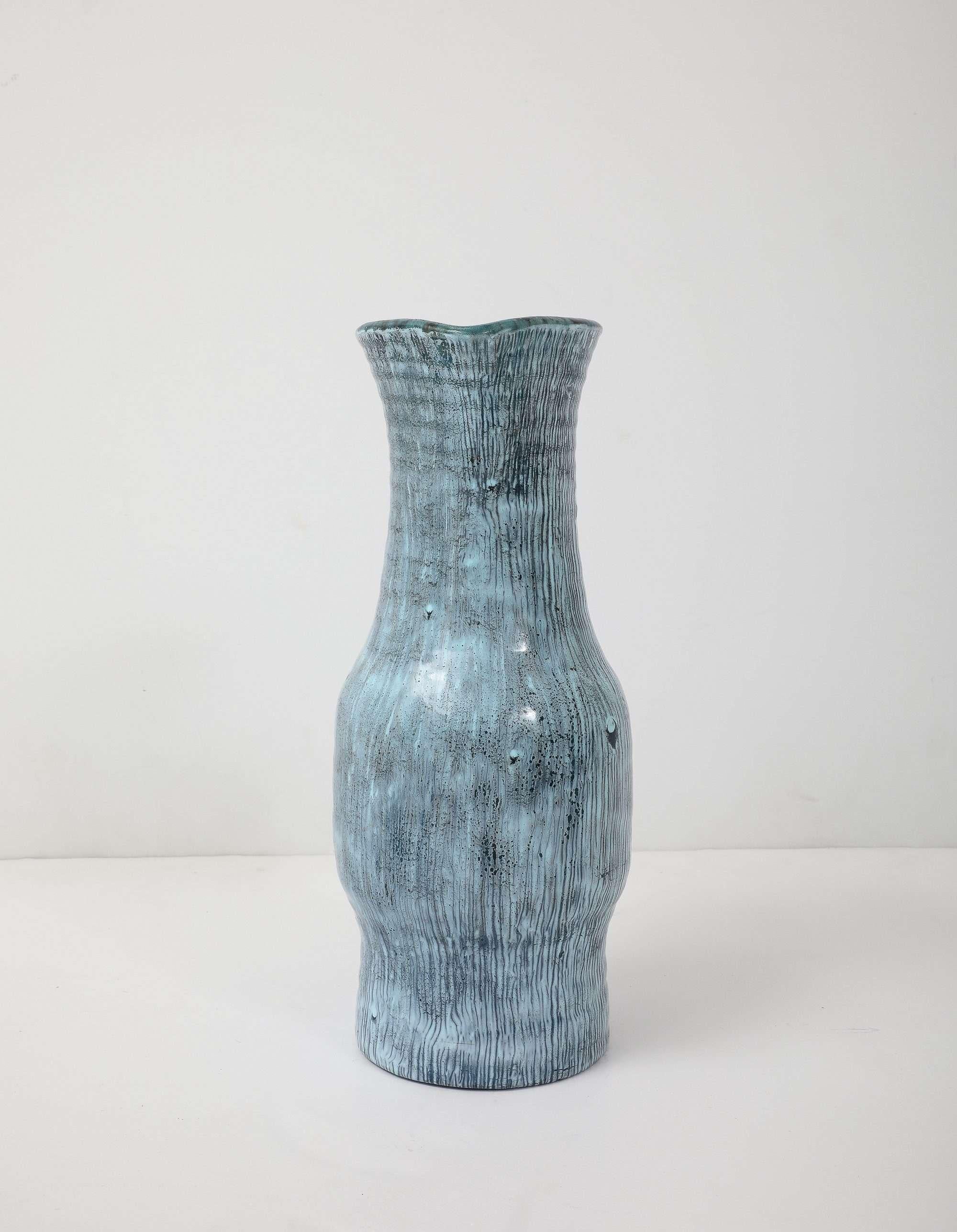 Pottery Accolay Turquoise Striated Pitcher For Sale