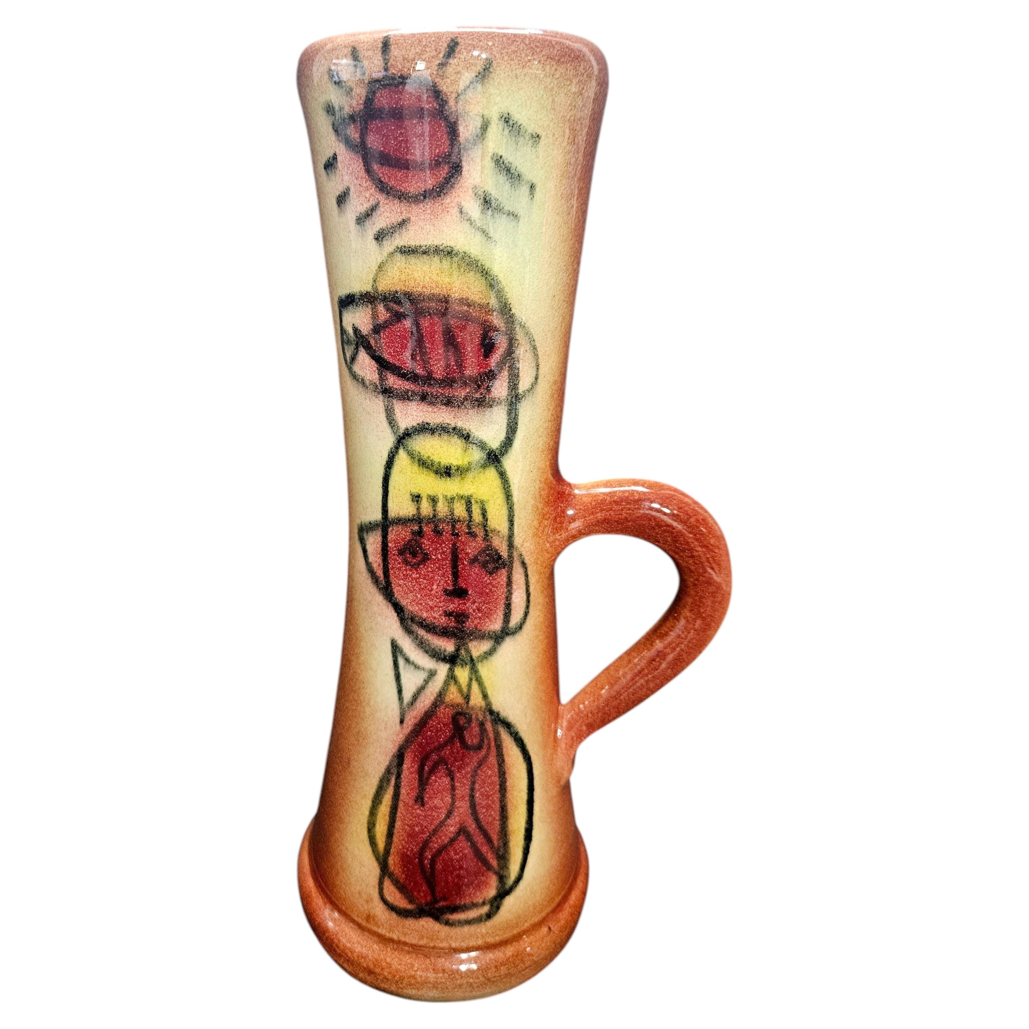 Accollay Polychrome Glazed Ceramic Handled Vase1 , Signed France, 1960s For Sale